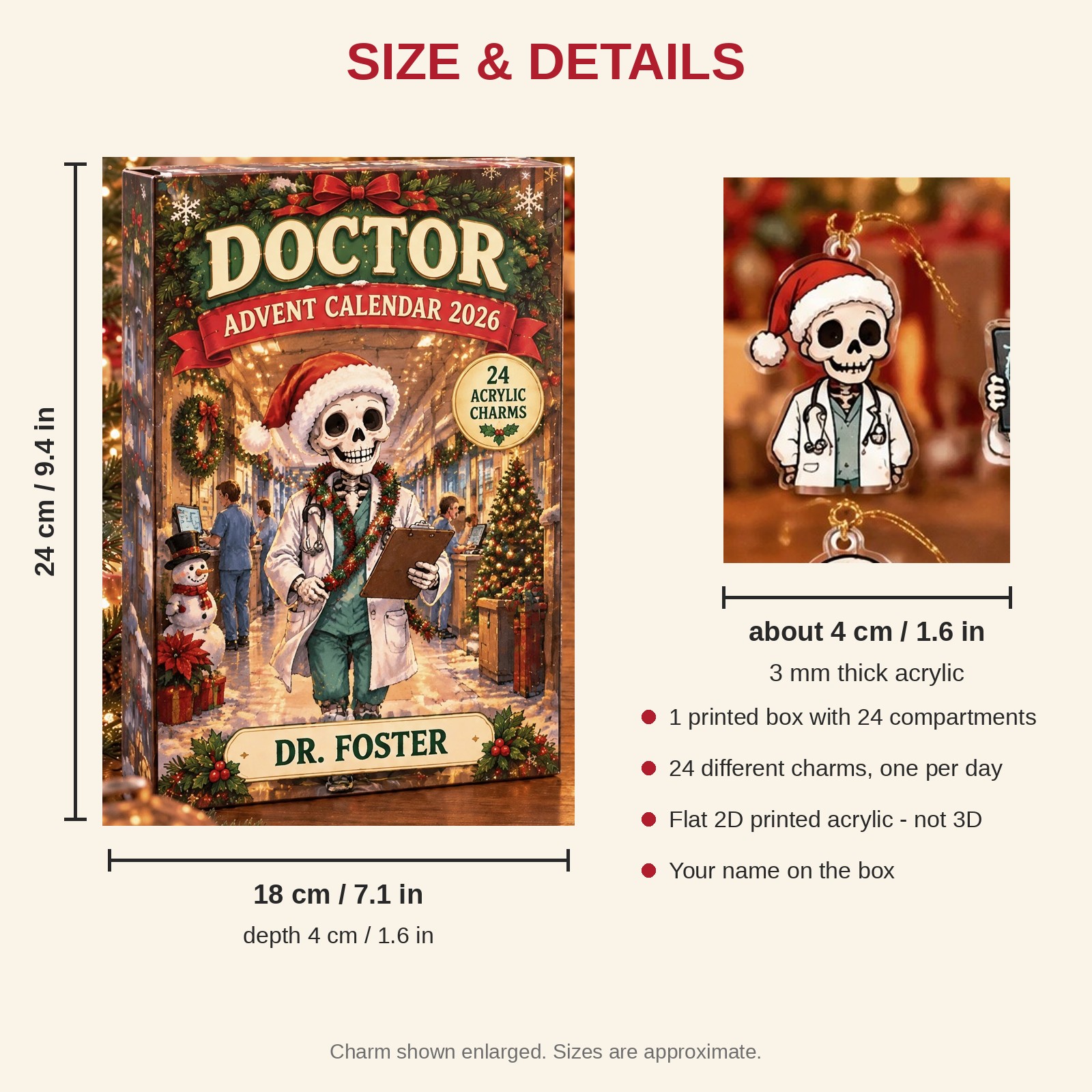 Personalized Doctor Skeleton advent calendar box with 24 flat acrylic Christmas charms: box and charm sizes