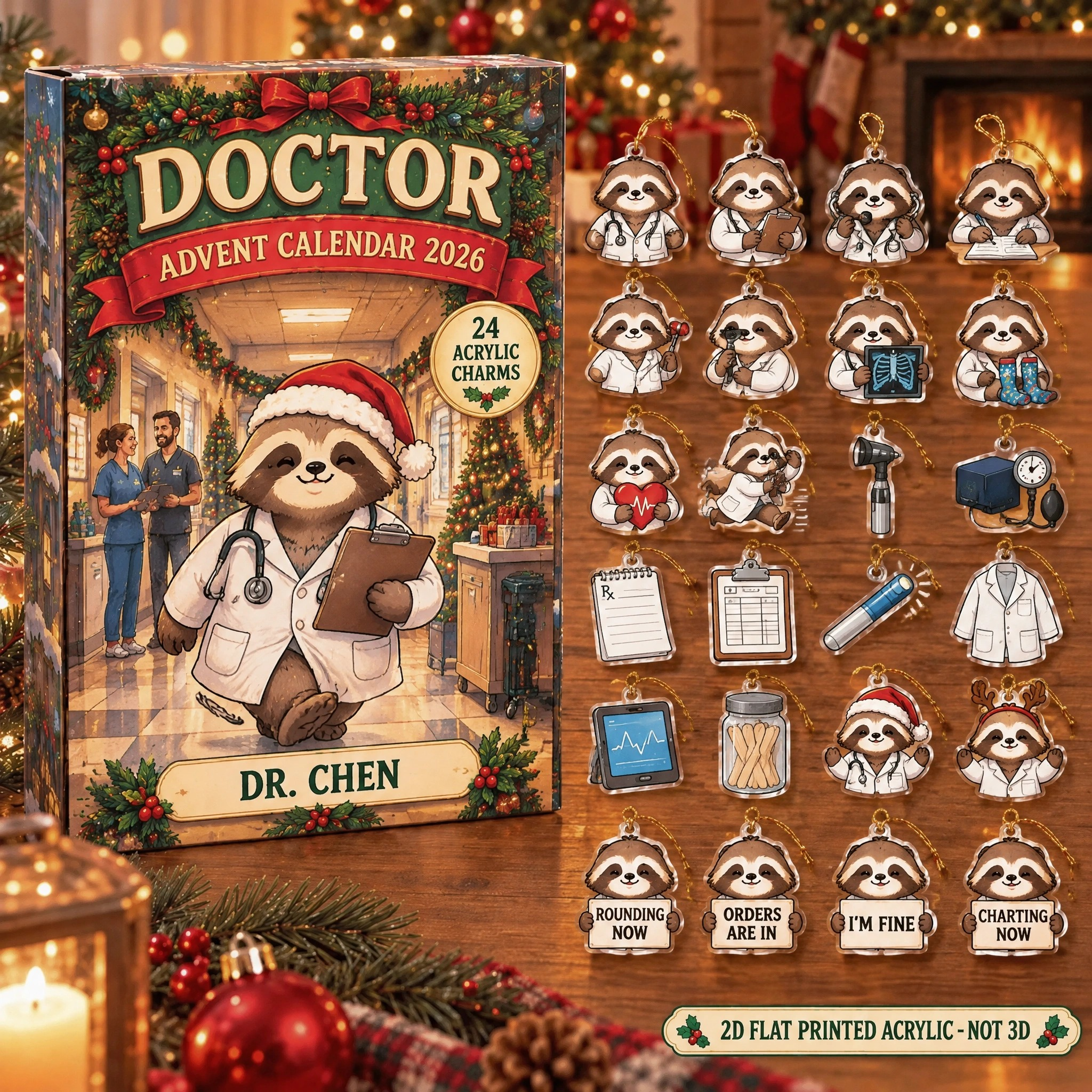 Personalized Doctor Sloth advent calendar box with 24 flat acrylic Christmas charms