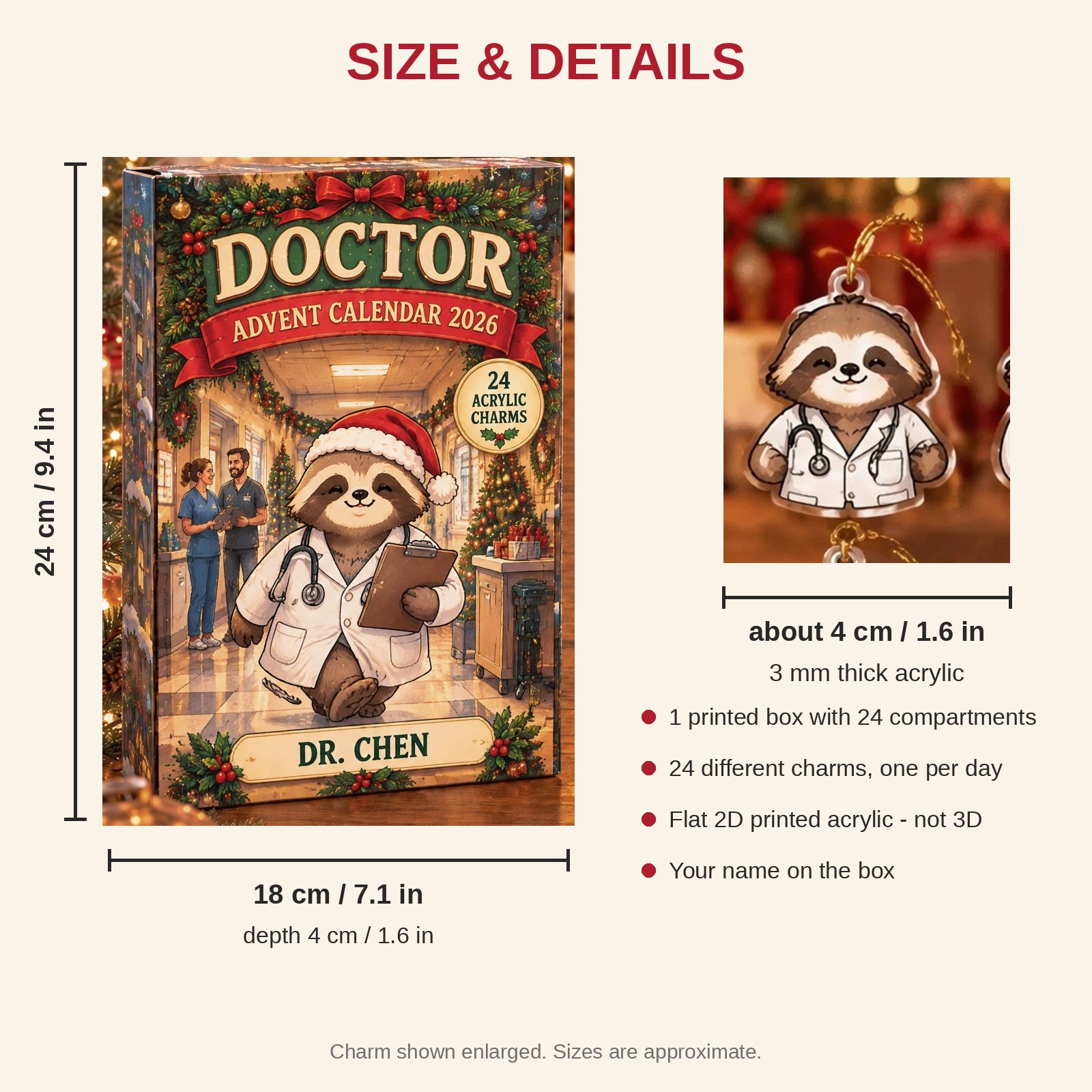 Personalized Doctor Sloth advent calendar box with 24 flat acrylic Christmas charms: box and charm sizes