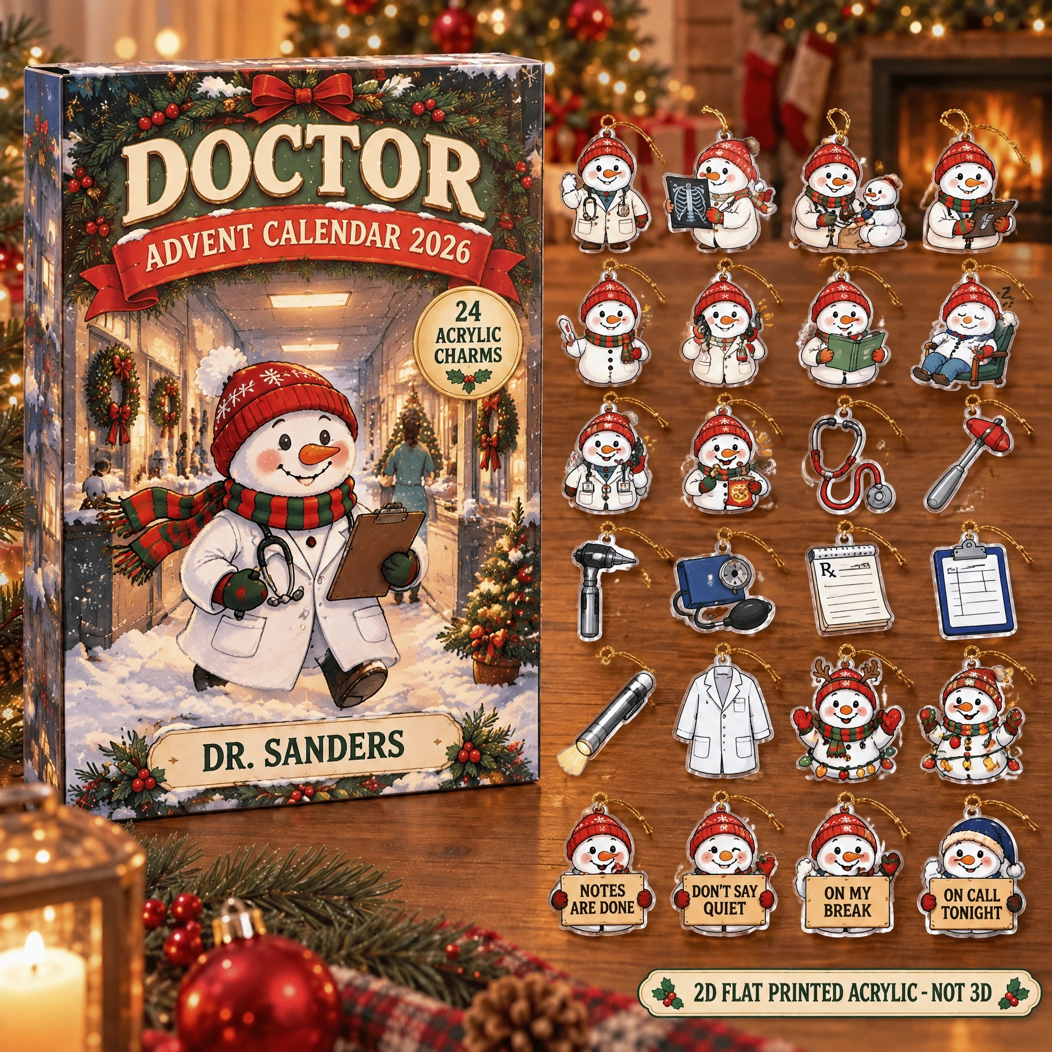 Personalized Doctor Snowman advent calendar box with 24 flat acrylic Christmas charms