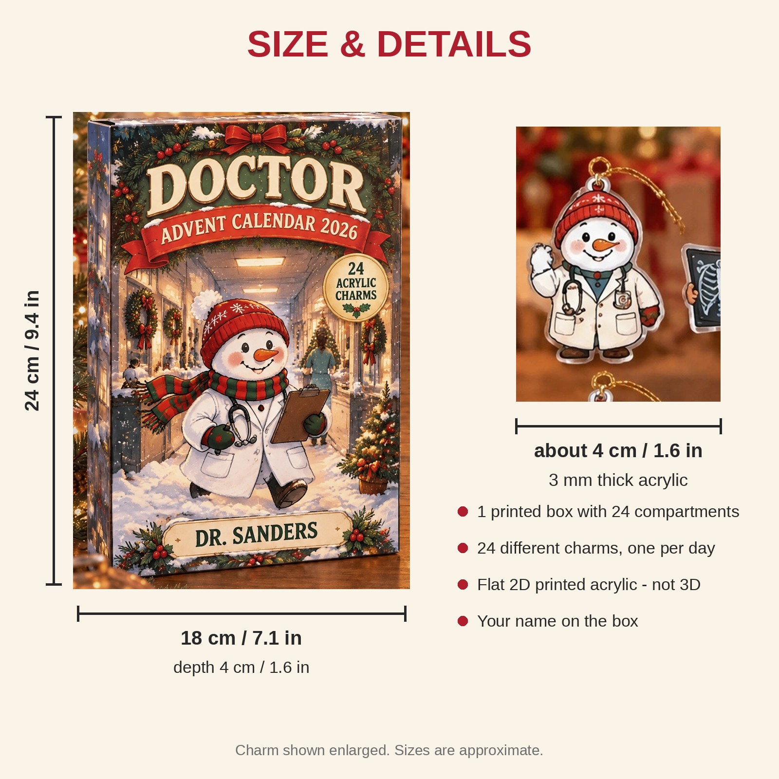 Personalized Doctor Snowman advent calendar box with 24 flat acrylic Christmas charms: box and charm sizes