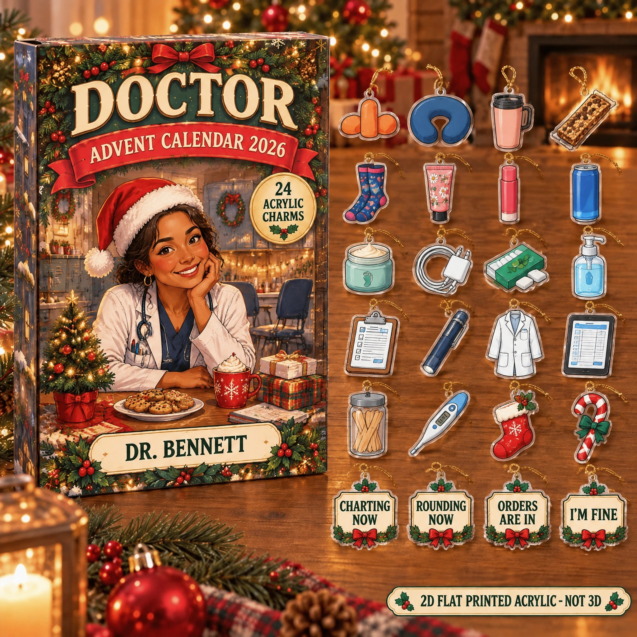 Personalized Doctor Survival Kit advent calendar box with 24 flat acrylic Christmas charms