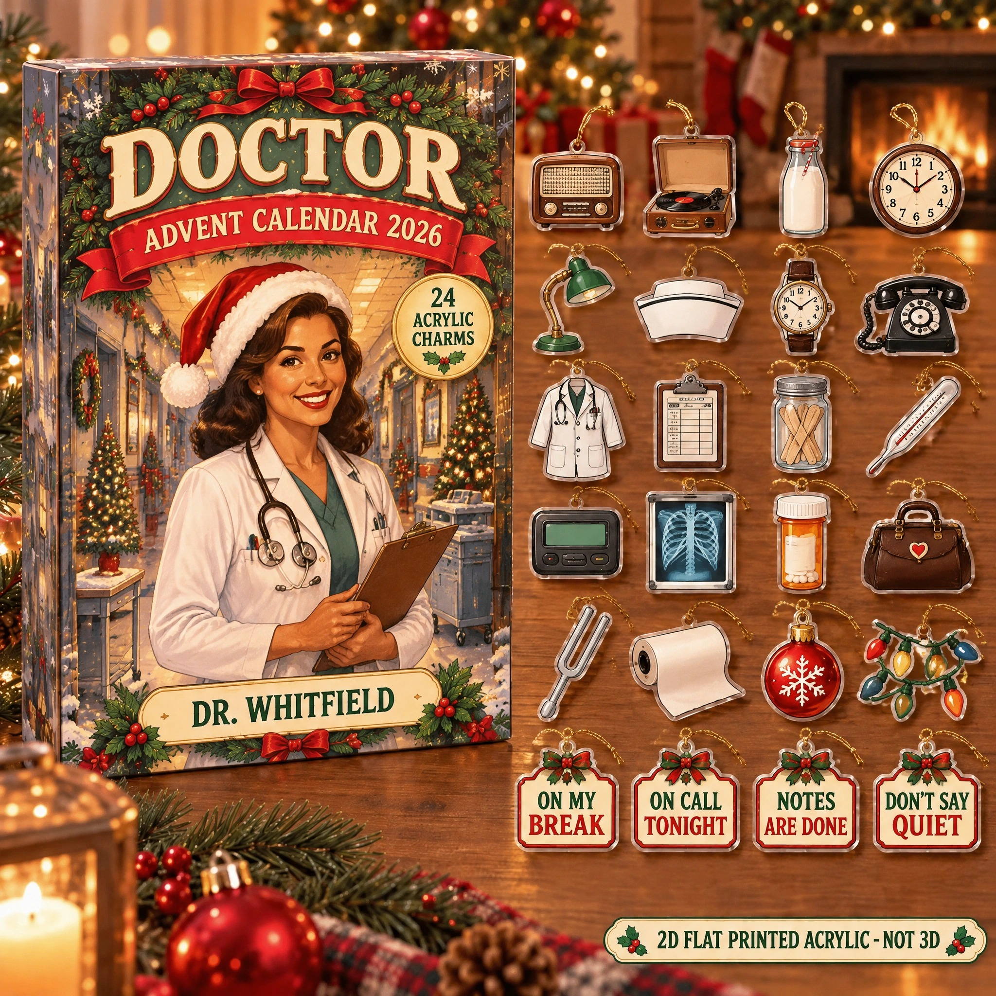 Personalized Vintage Retro Doctor advent calendar box with 24 flat acrylic Christmas charms