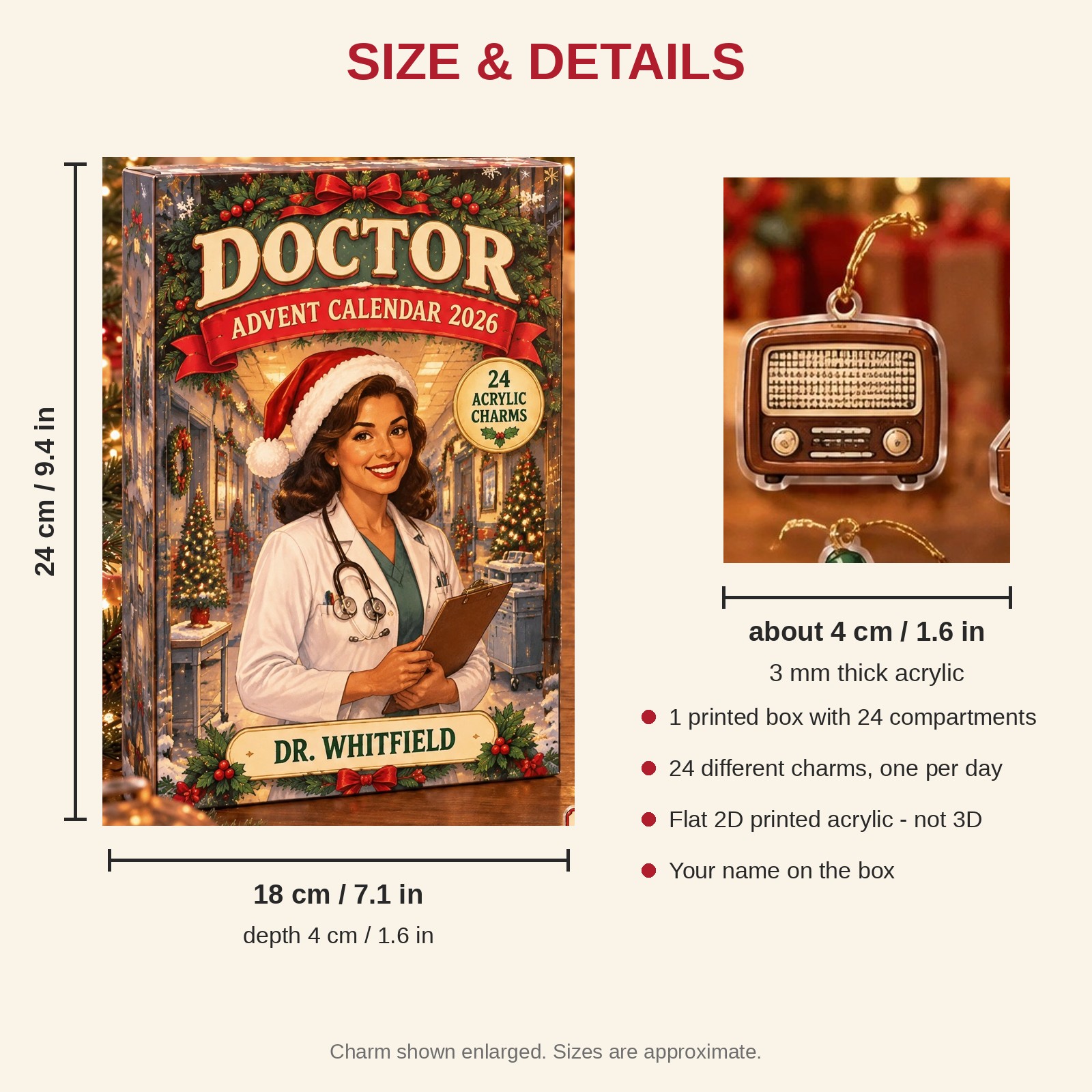 Personalized Vintage Retro Doctor advent calendar box with 24 flat acrylic Christmas charms: box and charm sizes