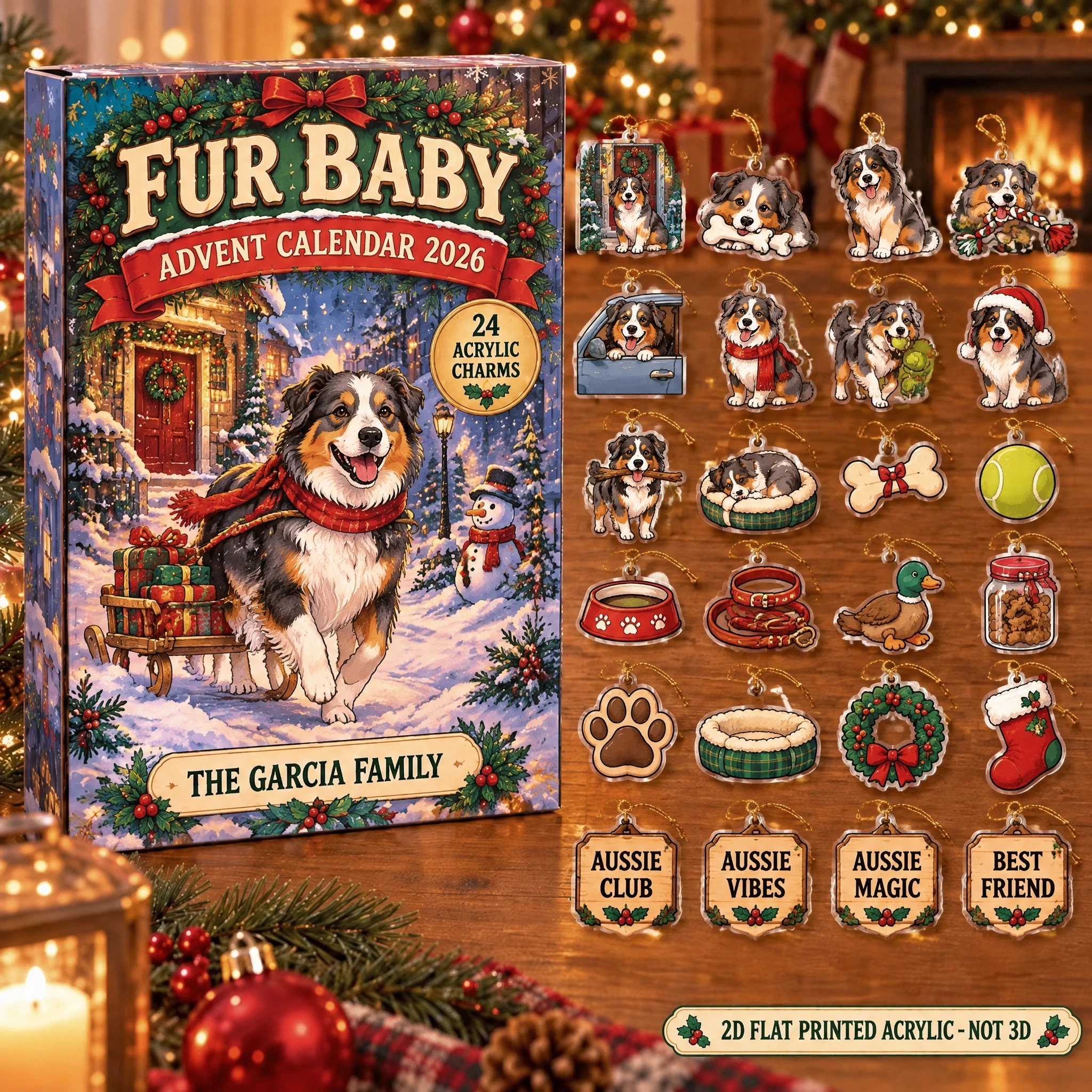 Personalized Australian Shepherd Lover advent calendar box with 24 flat acrylic Christmas charms