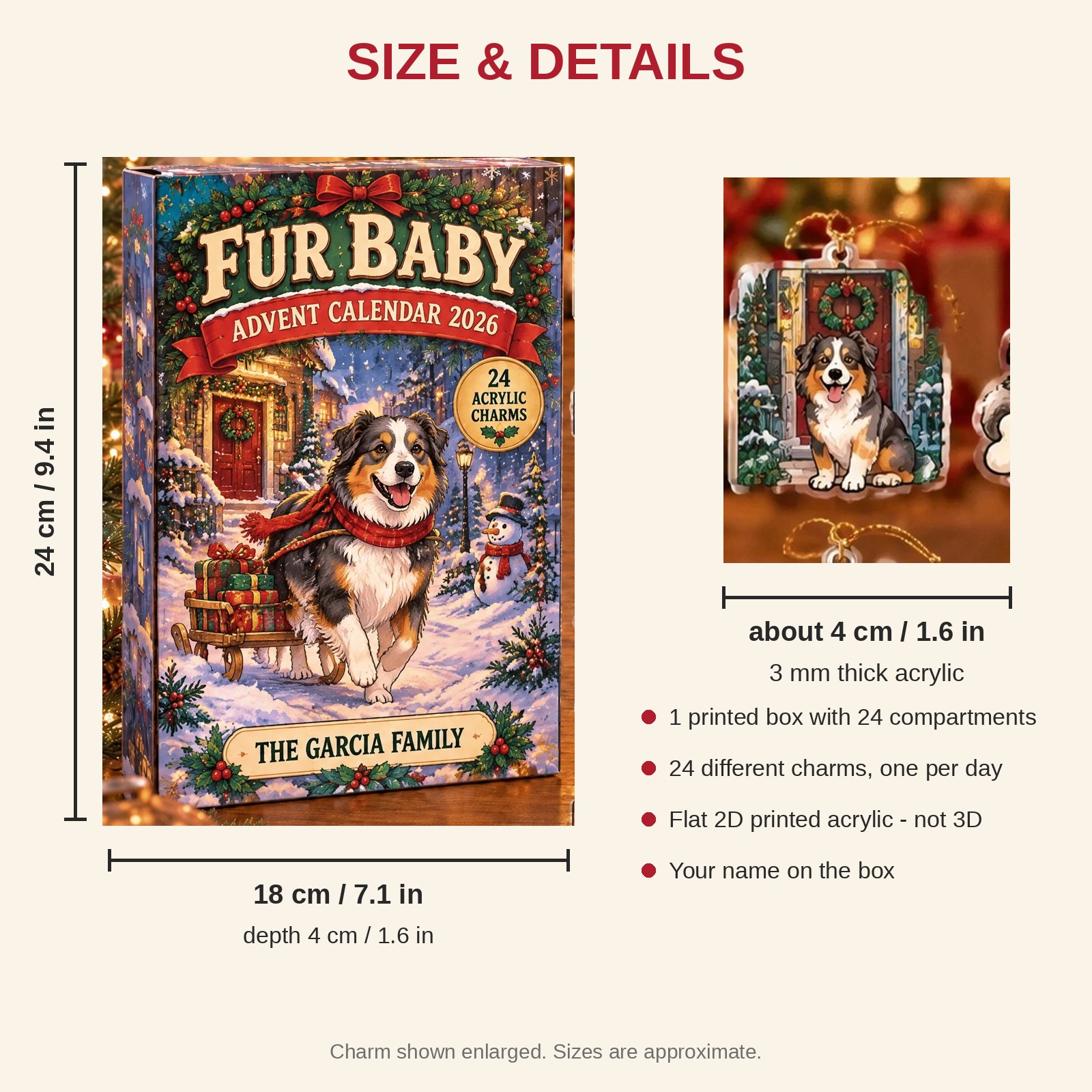 Personalized Australian Shepherd Lover advent calendar box with 24 flat acrylic Christmas charms: box and charm sizes