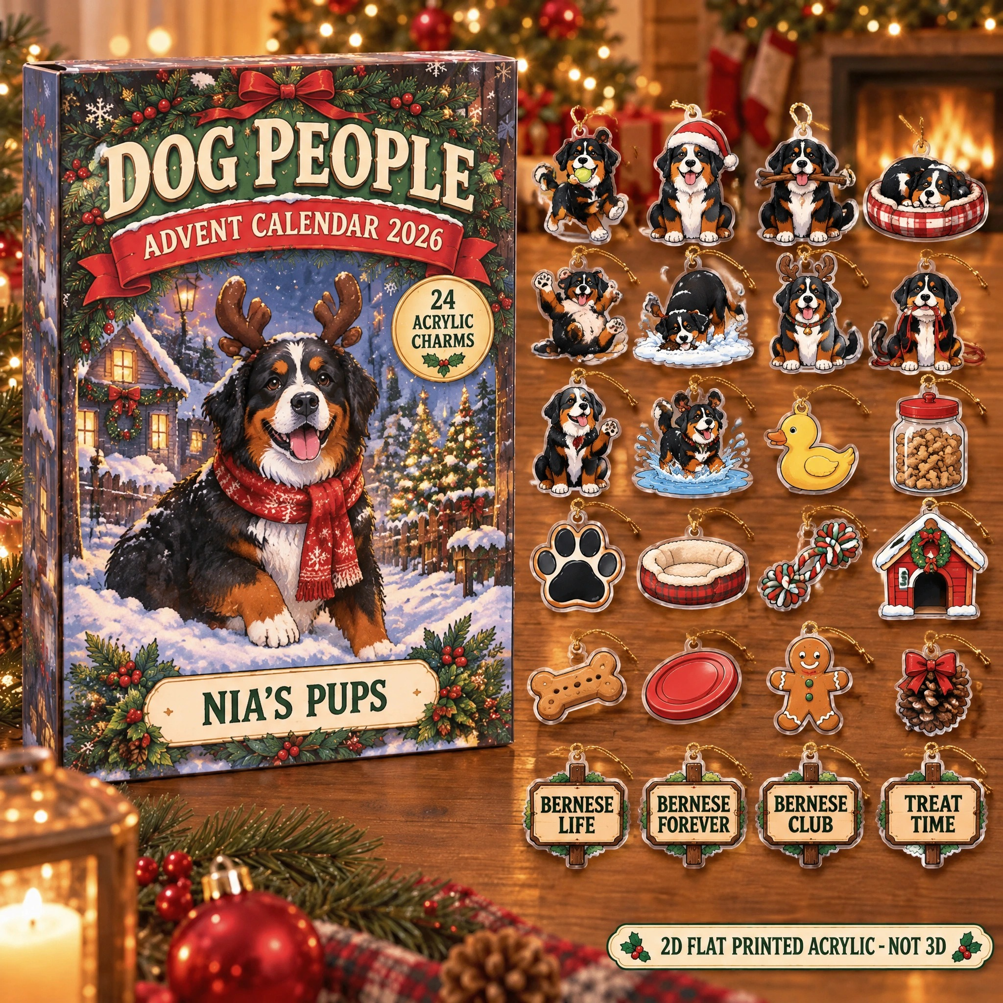 Personalized Bernese Mountain Dog Lover advent calendar box with 24 flat acrylic Christmas charms