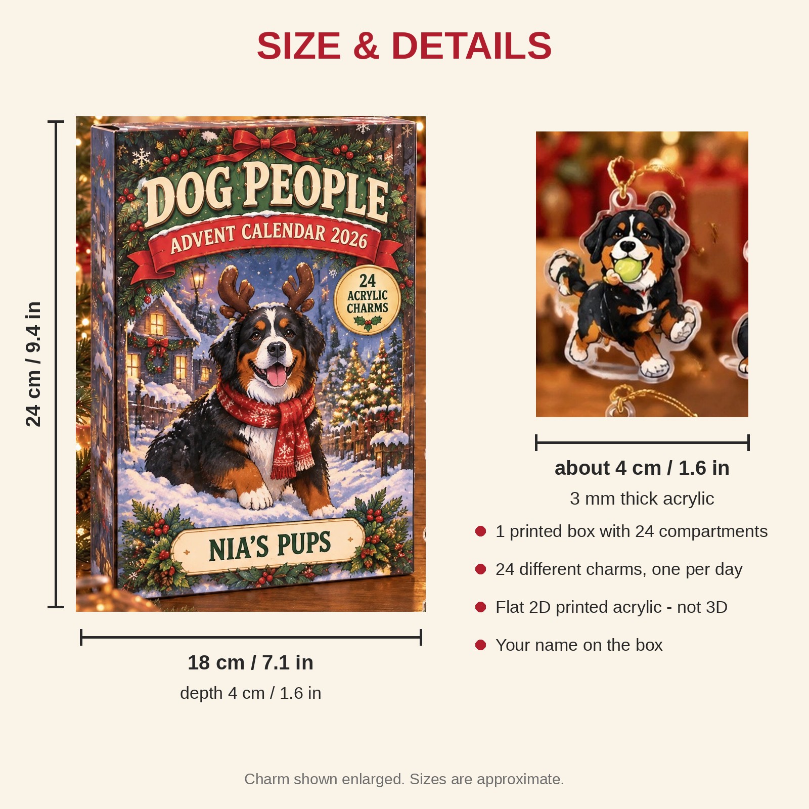 Personalized Bernese Mountain Dog Lover advent calendar box with 24 flat acrylic Christmas charms: box and charm sizes