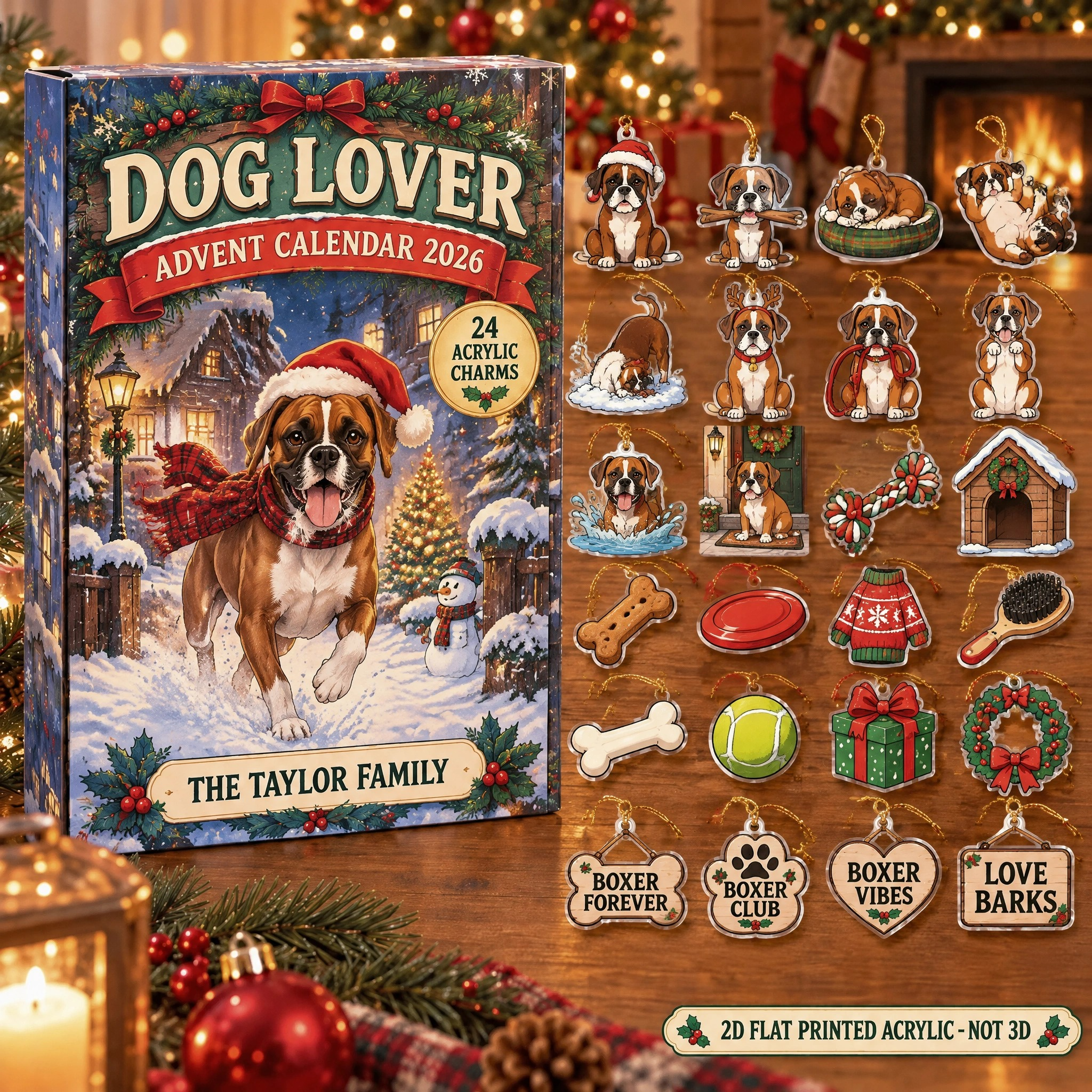 Personalized Boxer Lover advent calendar box with 24 flat acrylic Christmas charms