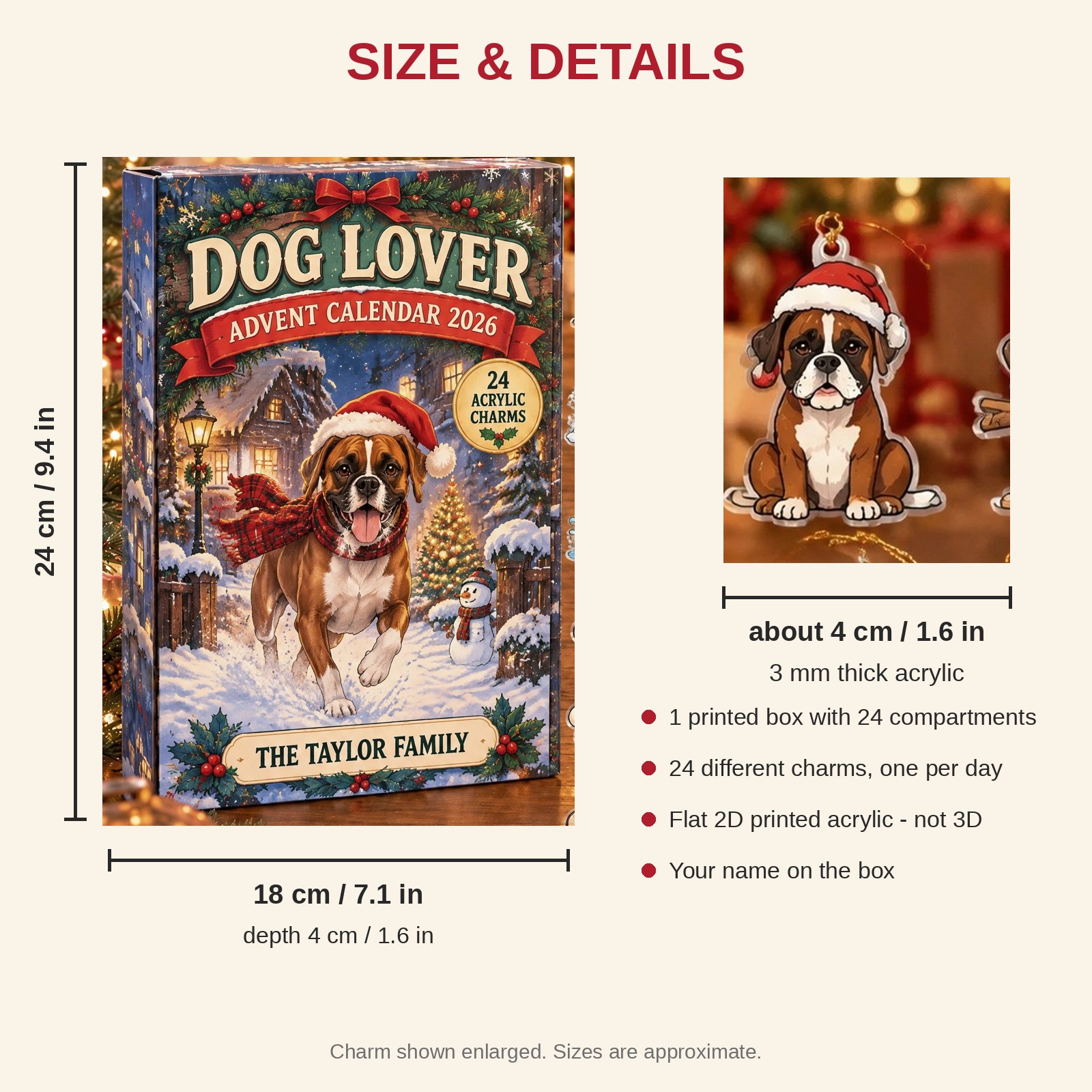 Personalized Boxer Lover advent calendar box with 24 flat acrylic Christmas charms: box and charm sizes