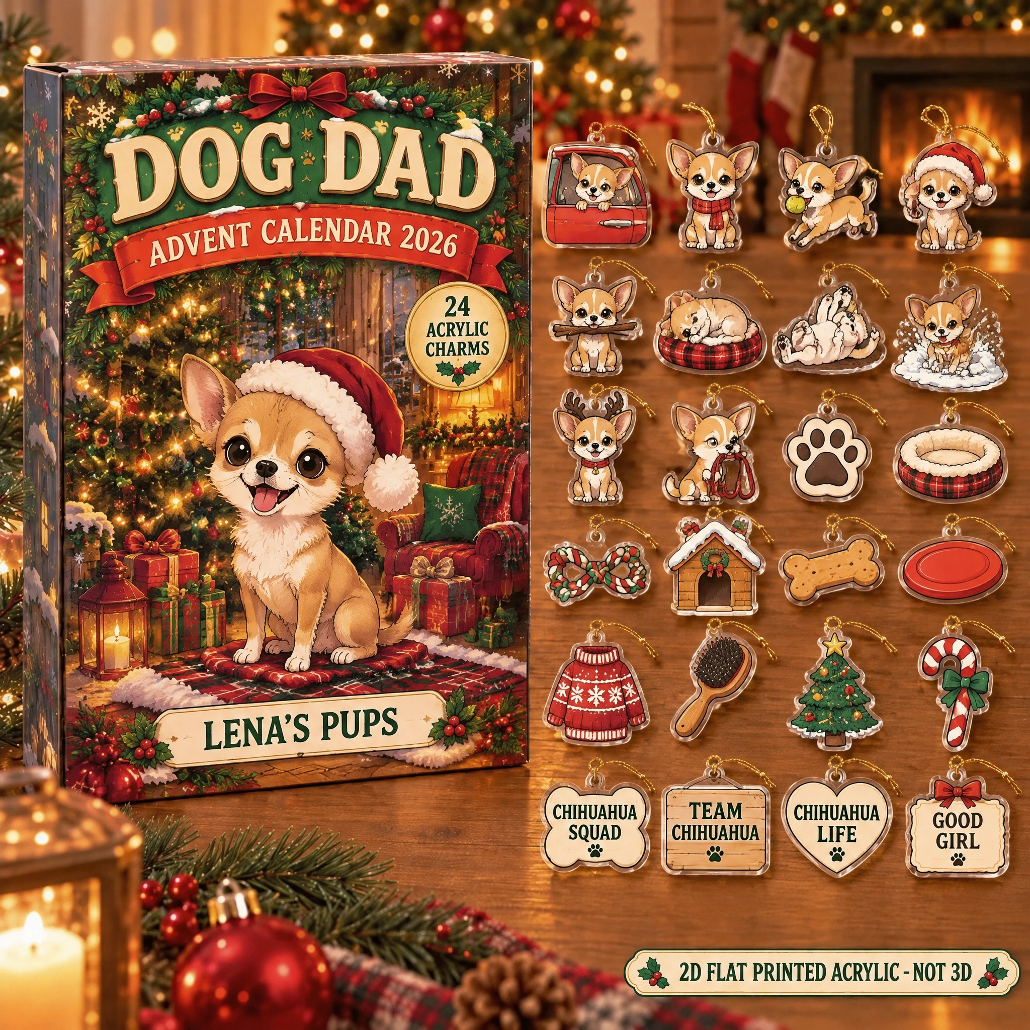 Personalized Chihuahua Lover advent calendar box with 24 flat acrylic Christmas charms