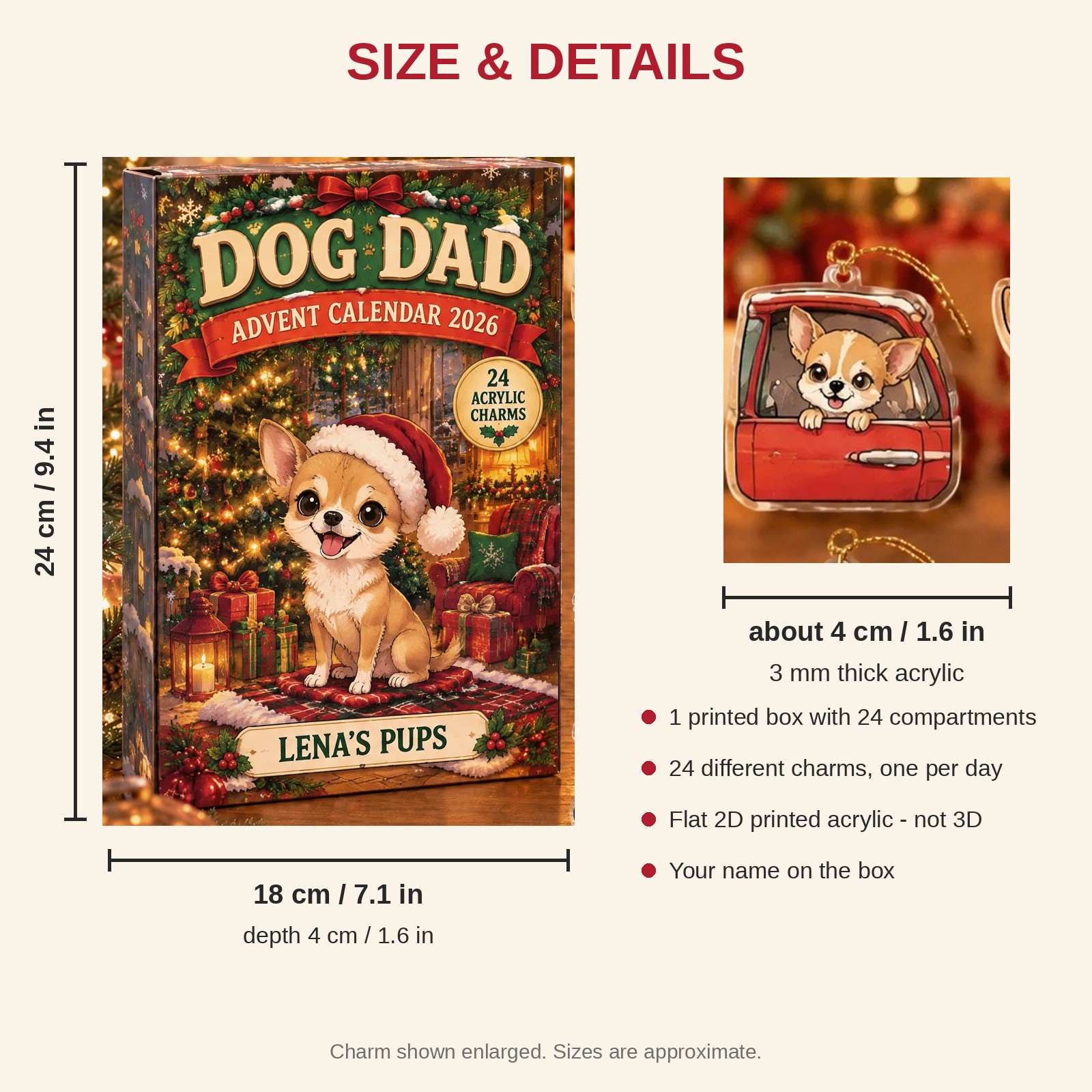 Personalized Chihuahua Lover advent calendar box with 24 flat acrylic Christmas charms: box and charm sizes