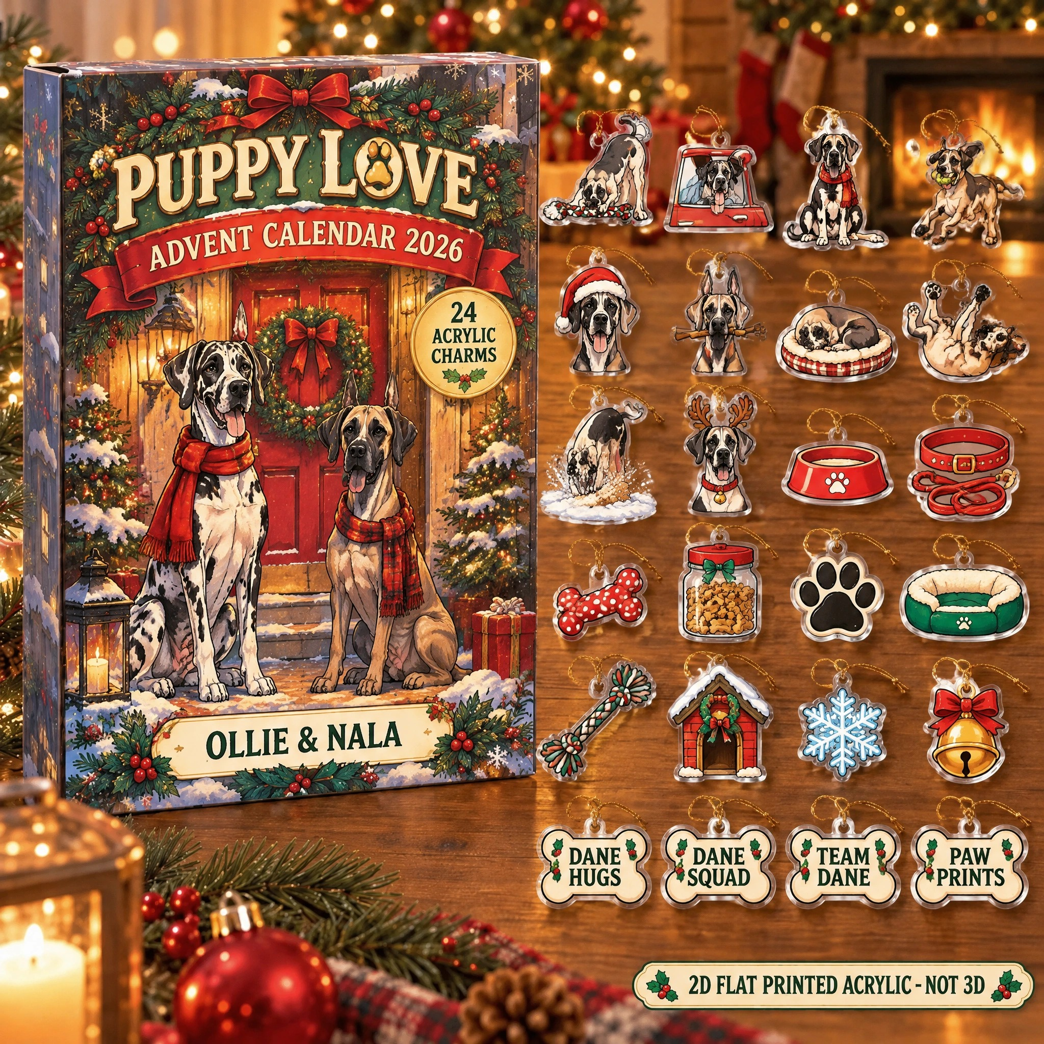 Personalized Great Dane Lover advent calendar box with 24 flat acrylic Christmas charms