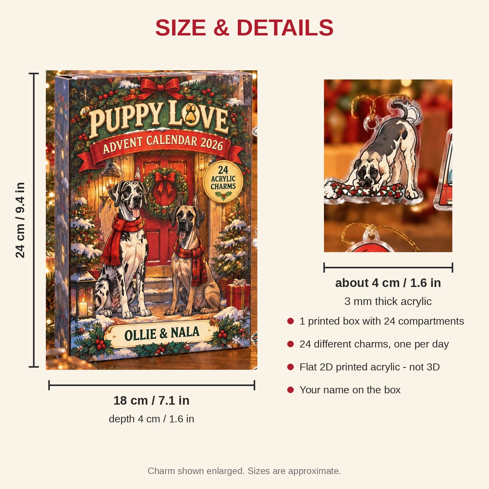 Personalized Great Dane Lover advent calendar box with 24 flat acrylic Christmas charms: box and charm sizes