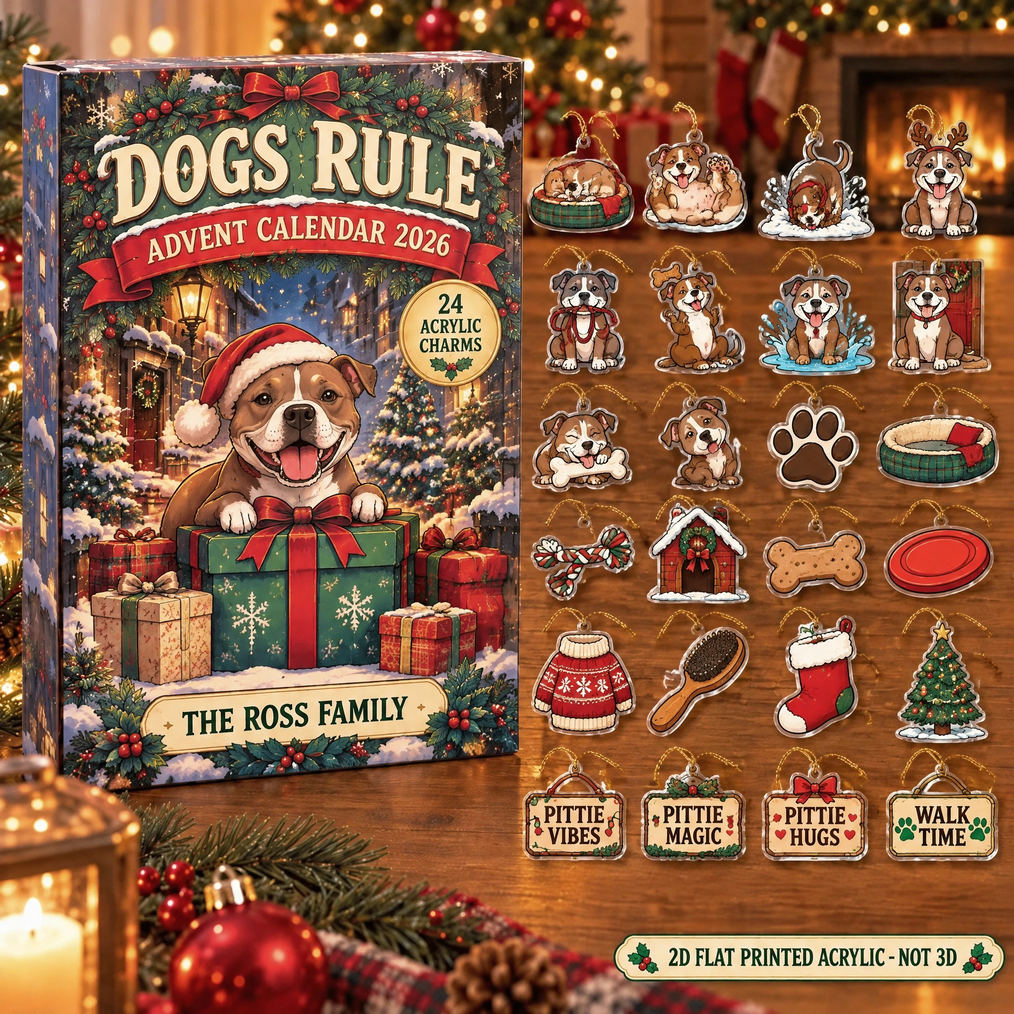 Personalized Pit Bull Lover advent calendar box with 24 flat acrylic Christmas charms