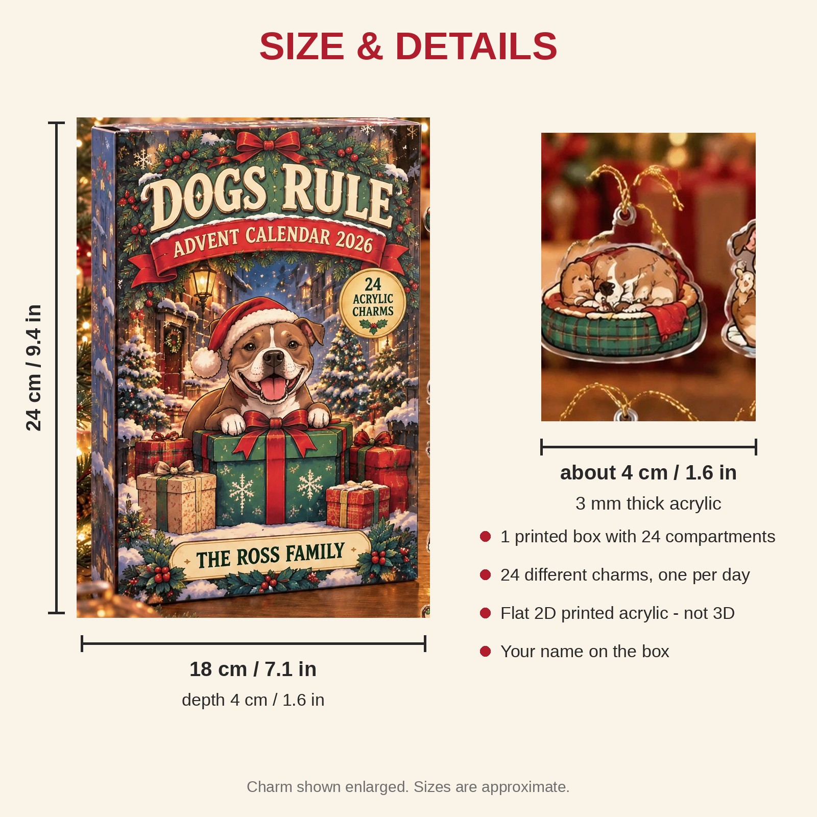 Personalized Pit Bull Lover advent calendar box with 24 flat acrylic Christmas charms: box and charm sizes