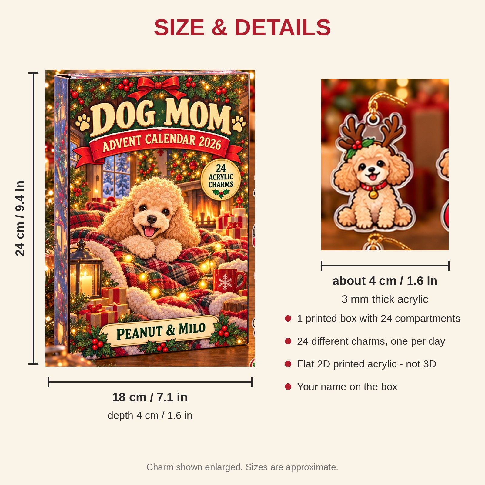 Personalized Poodle Lover advent calendar box with 24 flat acrylic Christmas charms: box and charm sizes