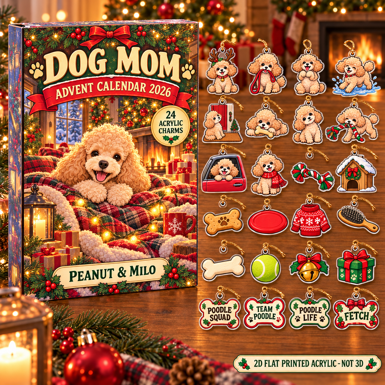 Personalized Poodle Lover advent calendar box with 24 flat acrylic Christmas charms