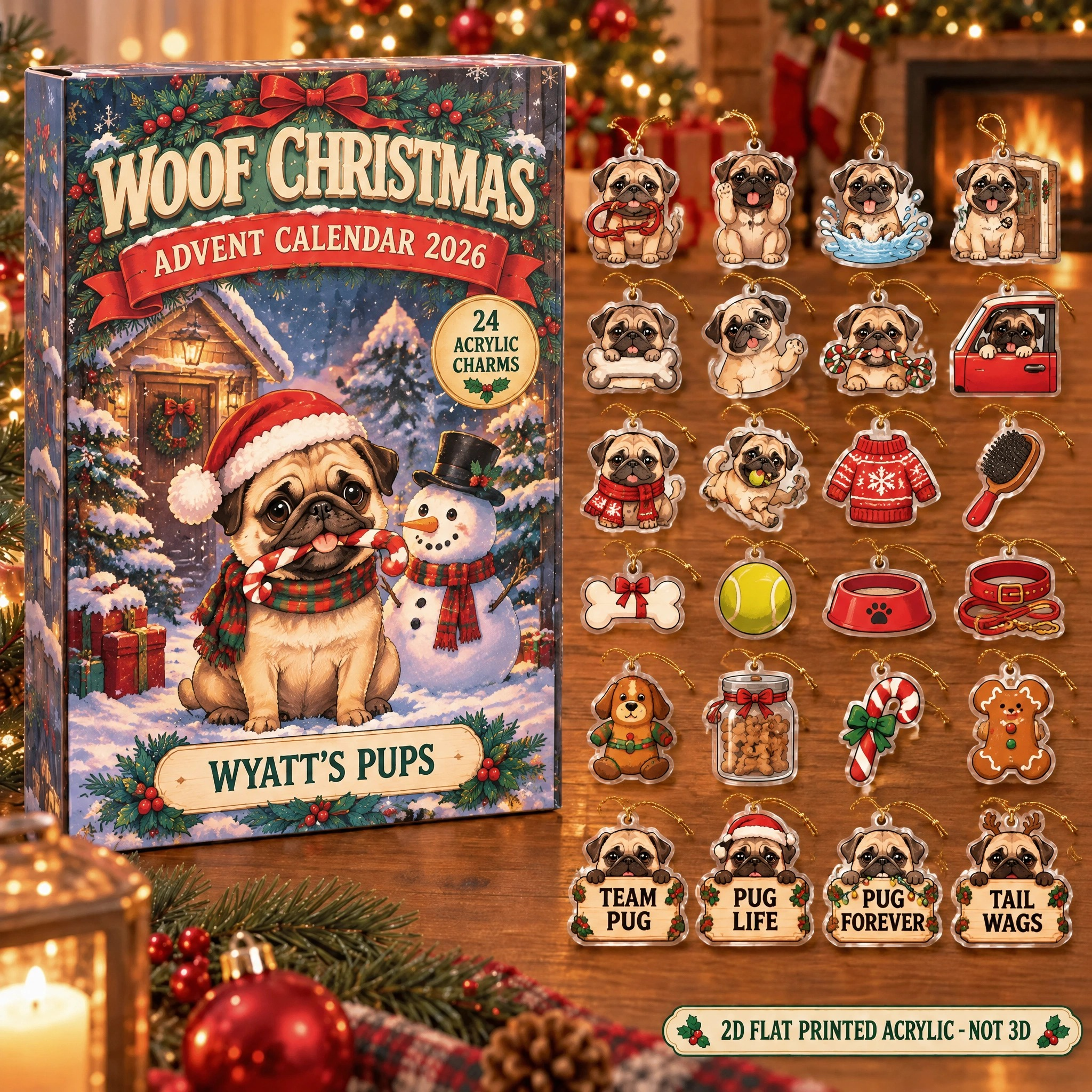Personalized Pug Lover advent calendar box with 24 flat acrylic Christmas charms