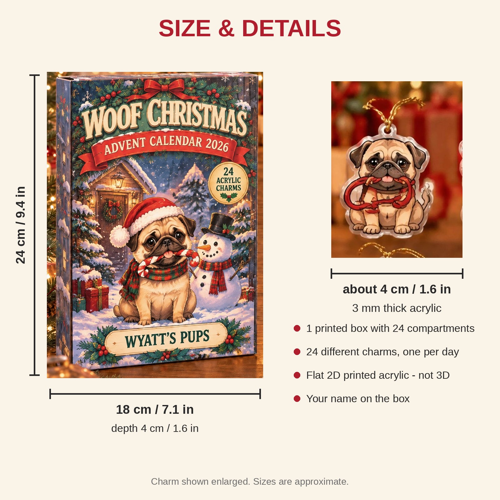 Personalized Pug Lover advent calendar box with 24 flat acrylic Christmas charms: box and charm sizes