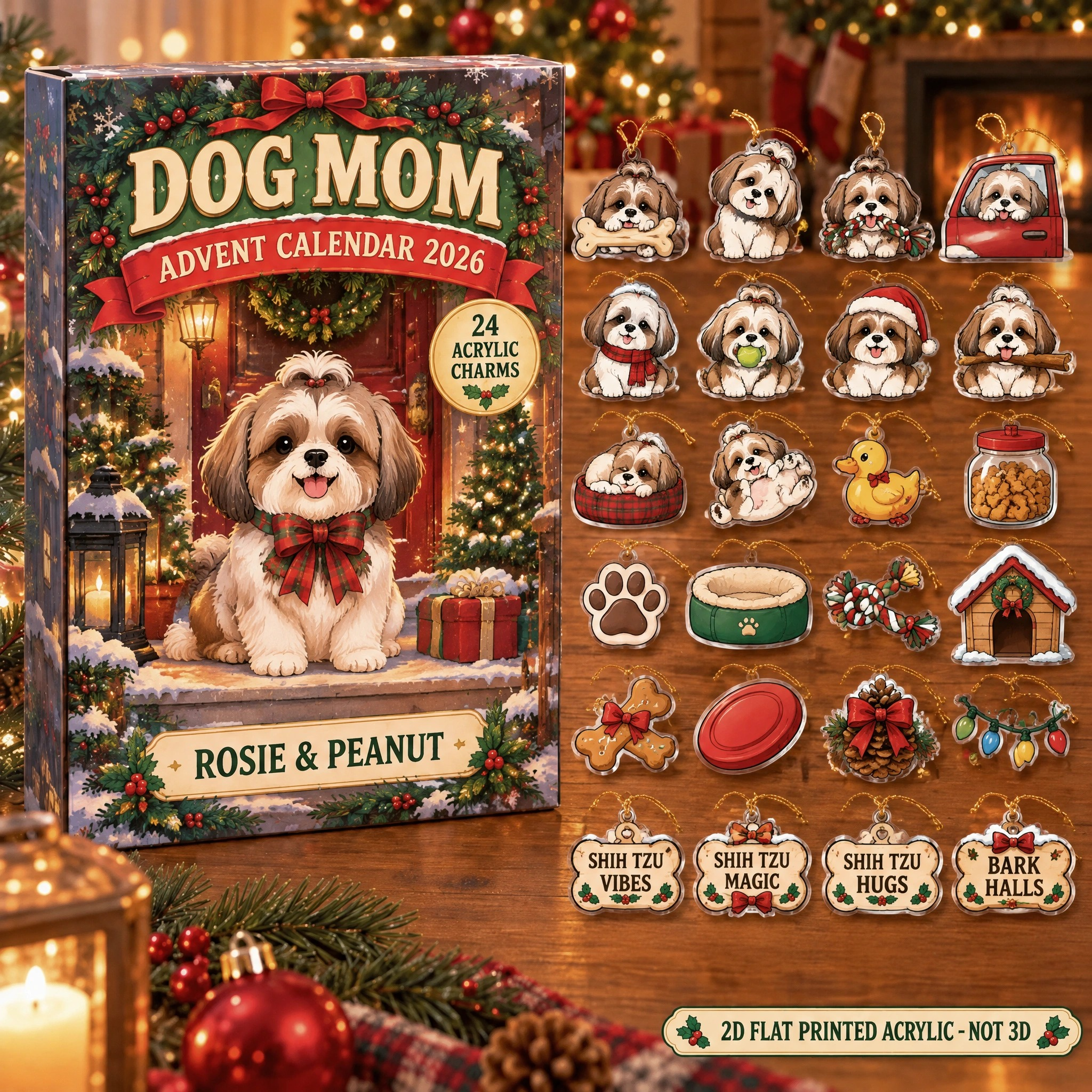 Personalized Shih Tzu Lover advent calendar box with 24 flat acrylic Christmas charms