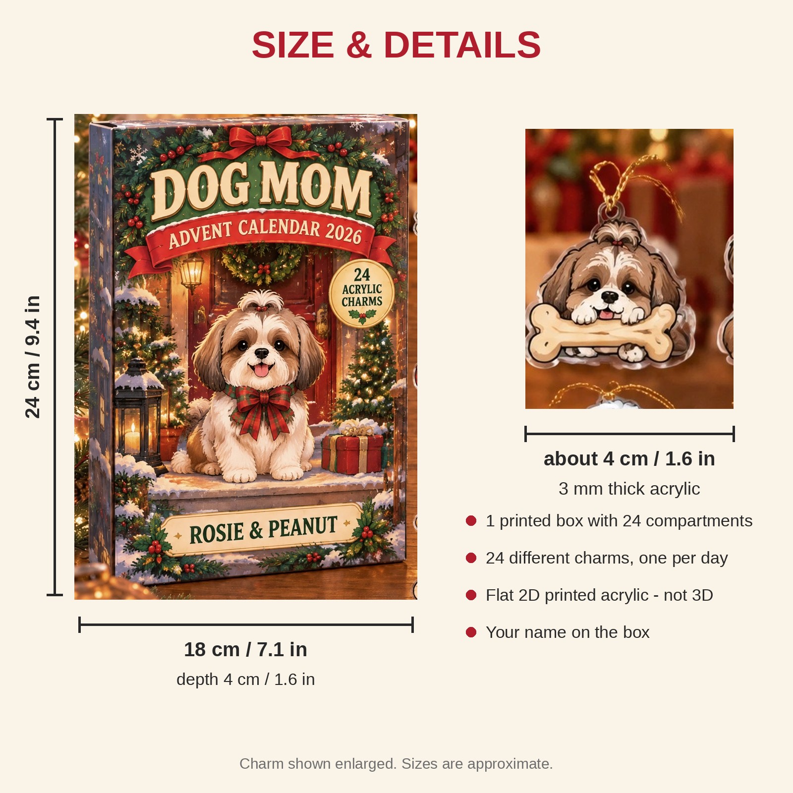 Personalized Shih Tzu Lover advent calendar box with 24 flat acrylic Christmas charms: box and charm sizes