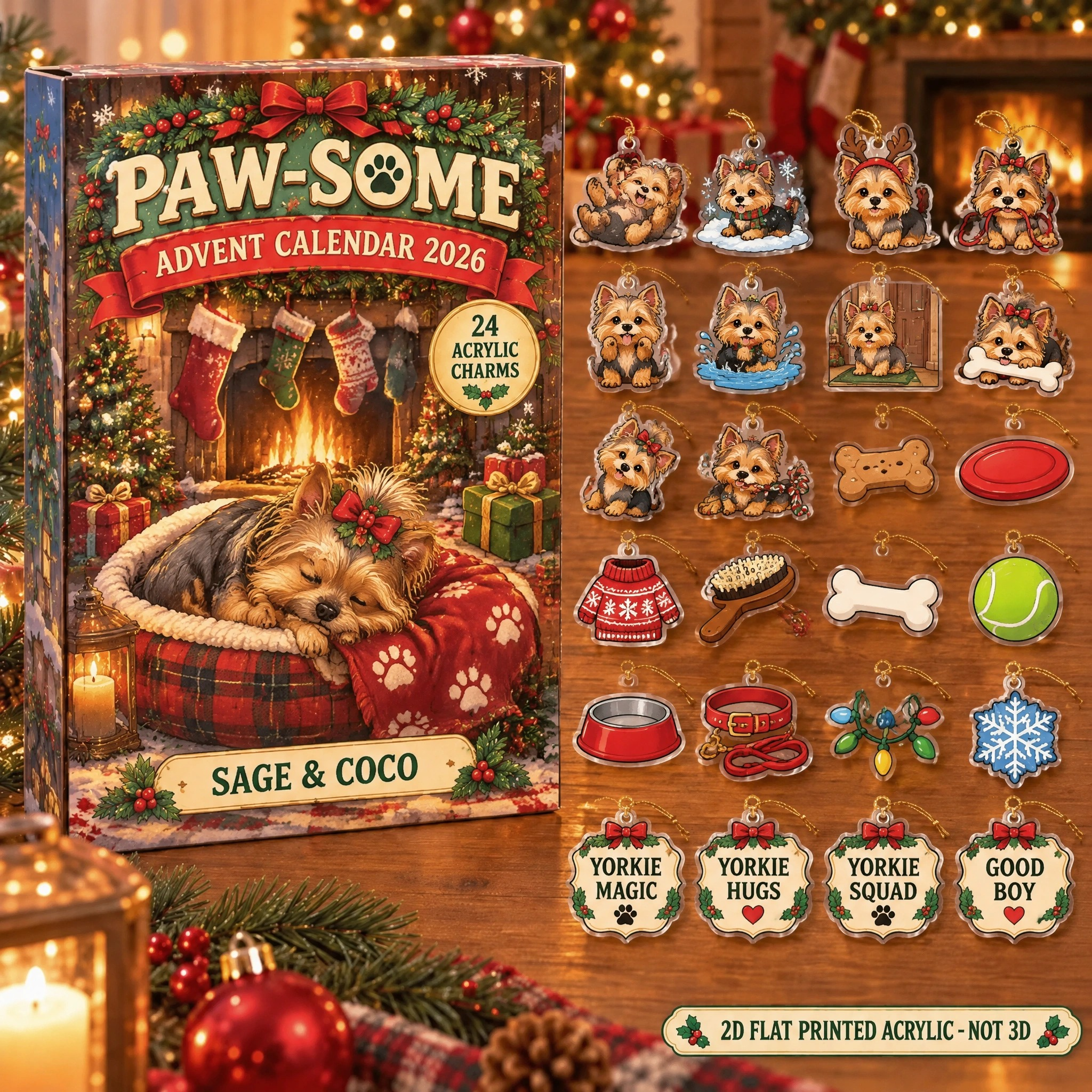 Personalized Yorkie Lover advent calendar box with 24 flat acrylic Christmas charms