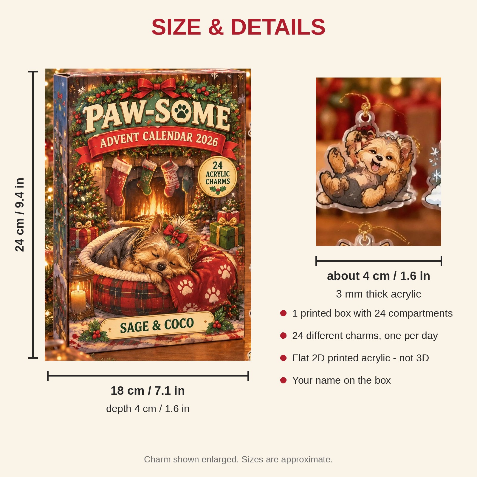 Personalized Yorkie Lover advent calendar box with 24 flat acrylic Christmas charms: box and charm sizes