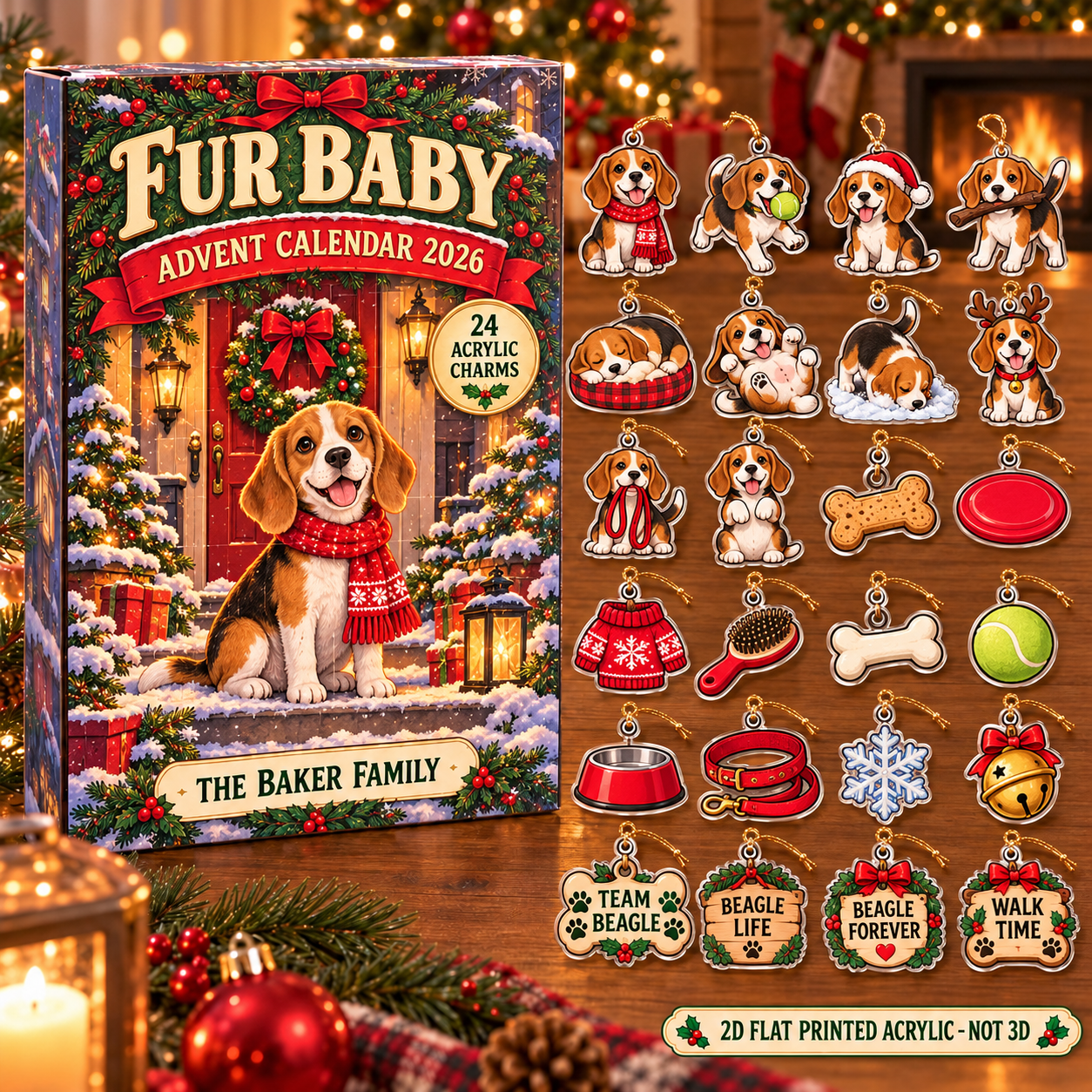 Personalized Beagle Lover advent calendar box with 24 flat acrylic Christmas charms