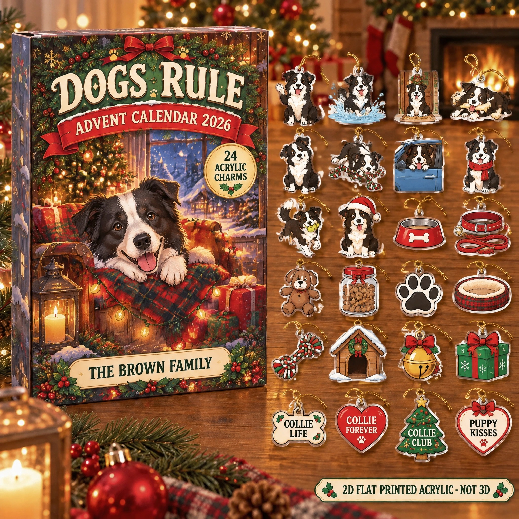 Personalized Border Collie Lover advent calendar box with 24 flat acrylic Christmas charms