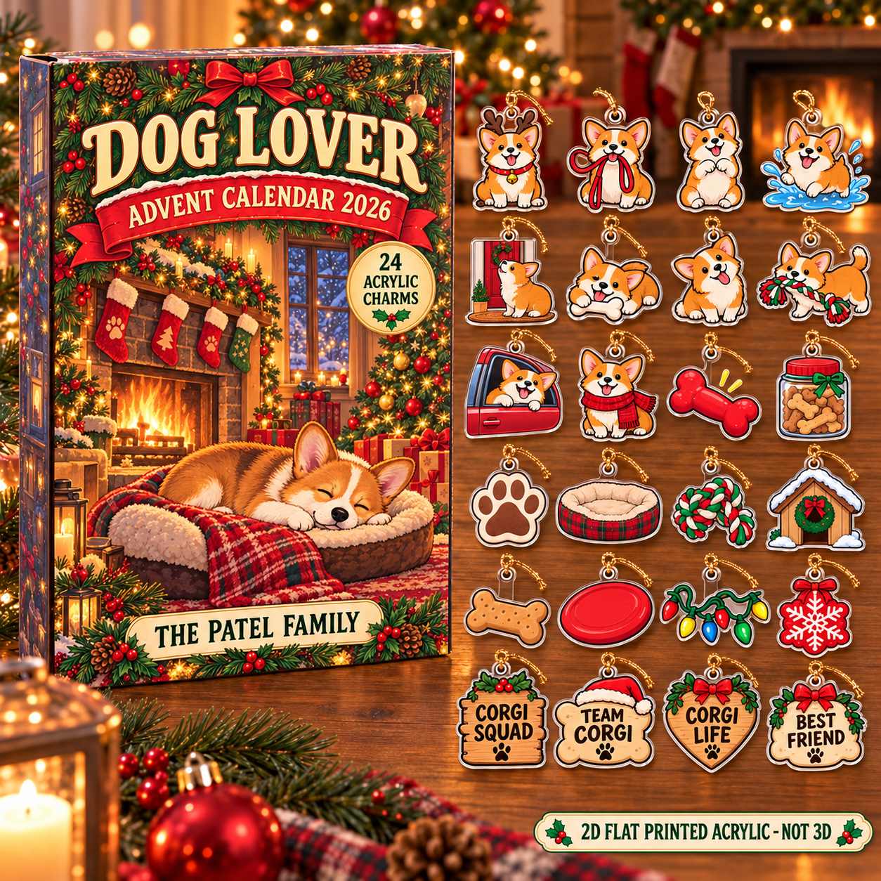 Personalized Corgi Lover advent calendar box with 24 flat acrylic Christmas charms
