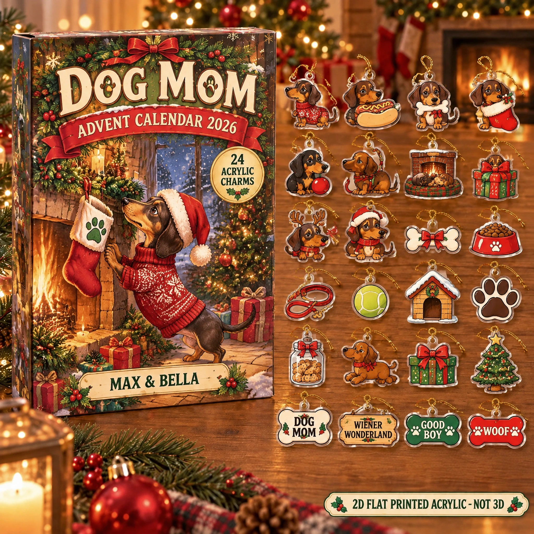 Personalized Dachshund Dog Mom advent calendar box with 24 flat acrylic Christmas charms