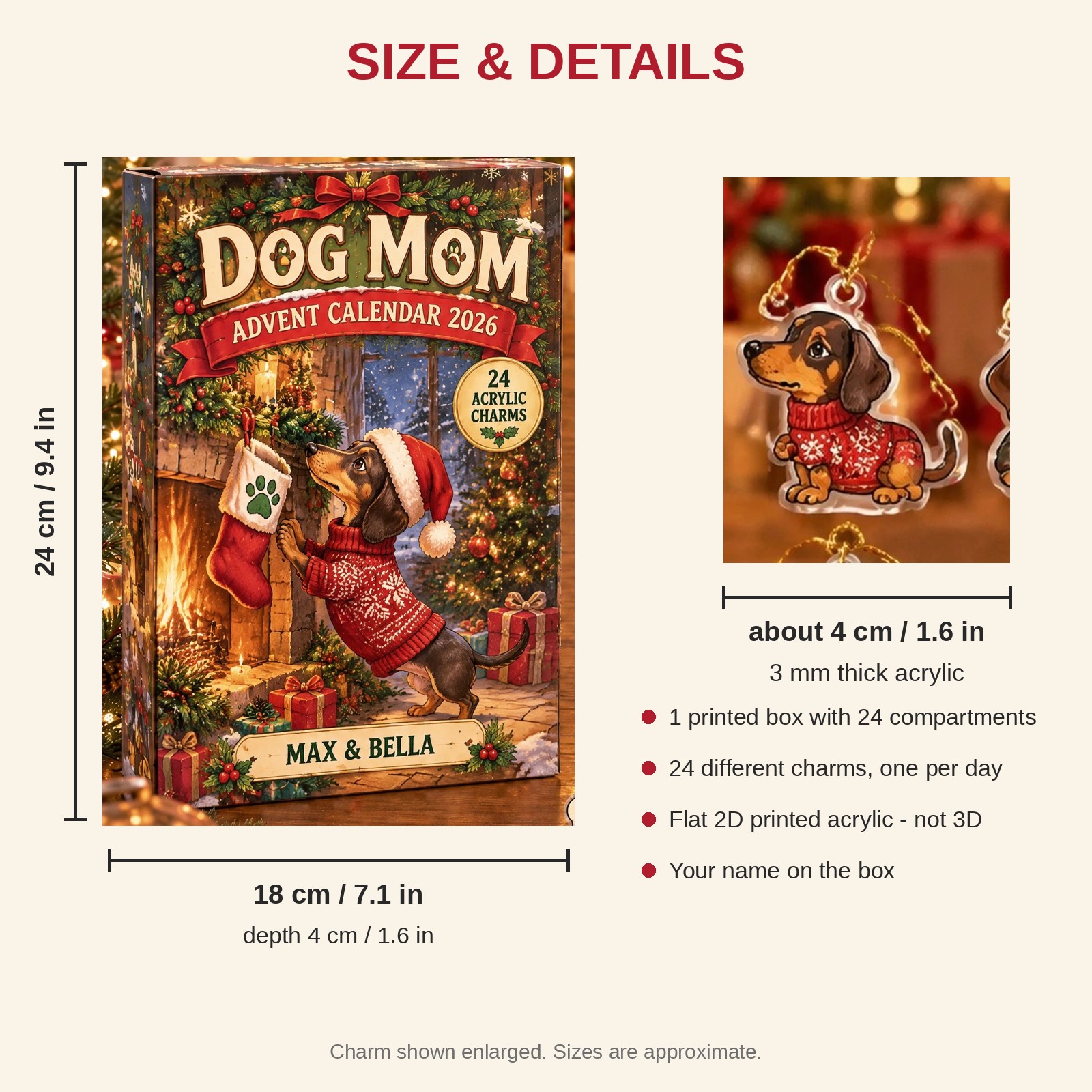 Personalized Dachshund Dog Mom advent calendar box with 24 flat acrylic Christmas charms: box and charm sizes