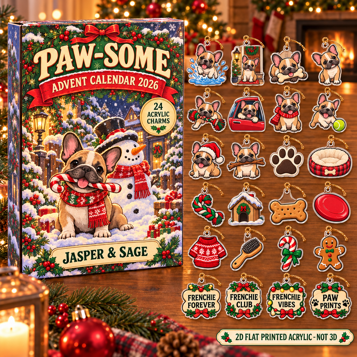 Personalized French Bulldog Lover advent calendar box with 24 flat acrylic Christmas charms
