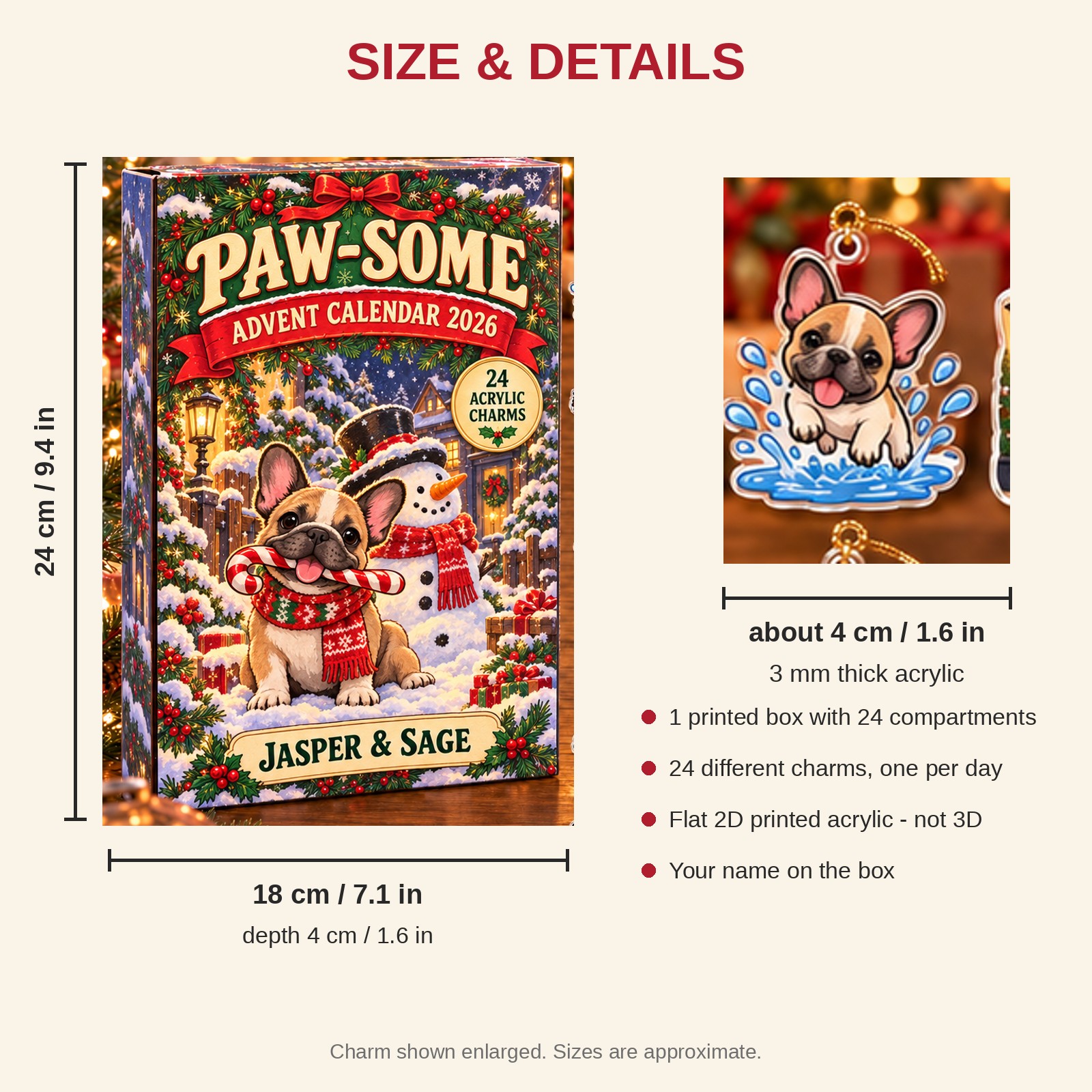 Personalized French Bulldog Lover advent calendar box with 24 flat acrylic Christmas charms: box and charm sizes