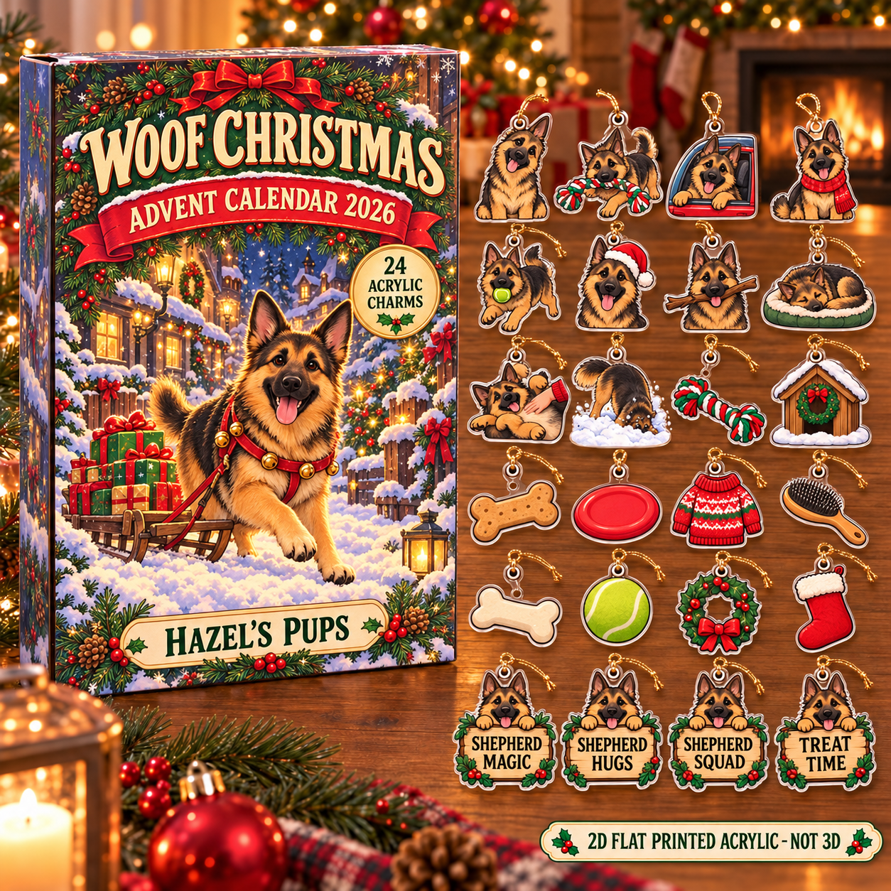 Personalized German Shepherd Lover advent calendar box with 24 flat acrylic Christmas charms
