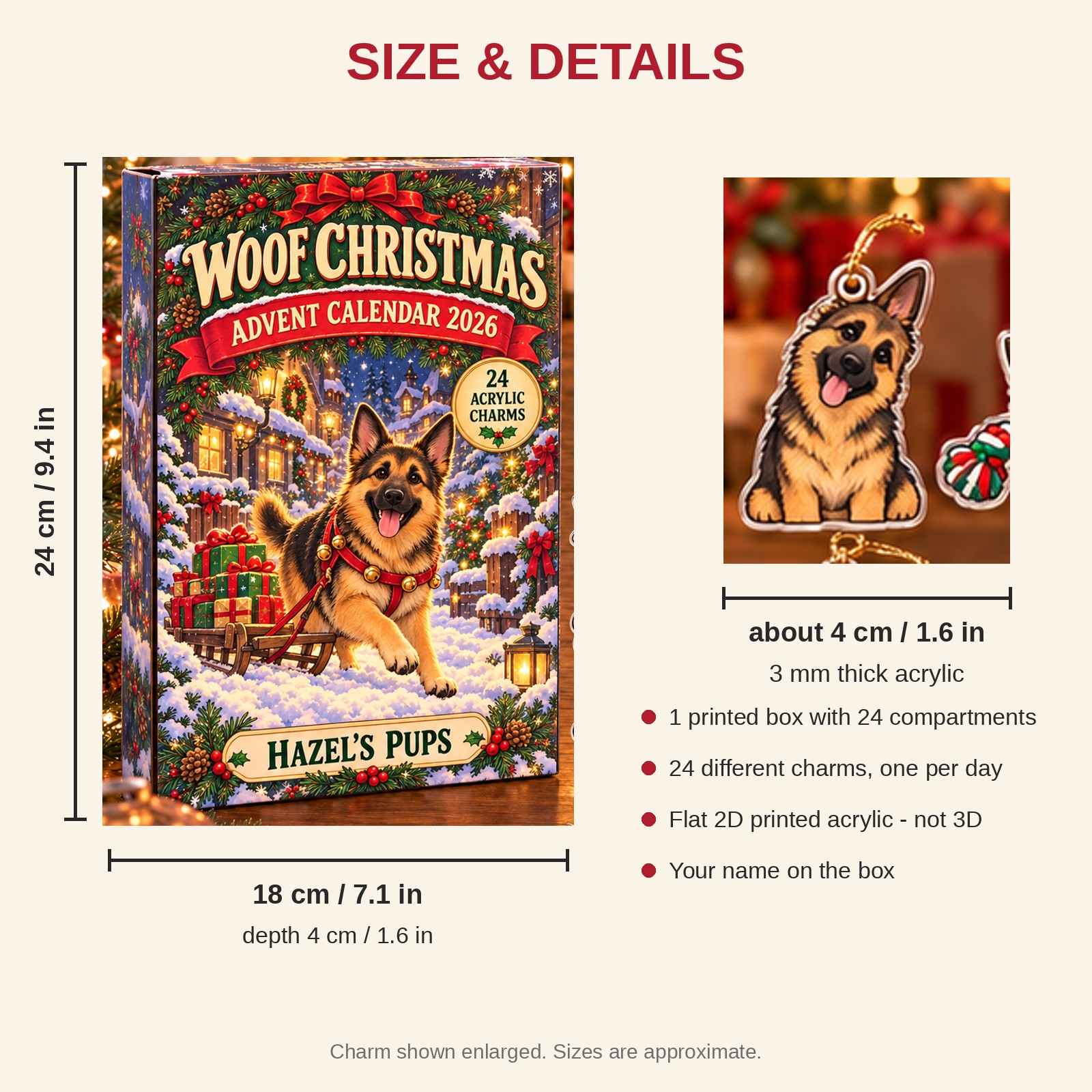Personalized German Shepherd Lover advent calendar box with 24 flat acrylic Christmas charms: box and charm sizes