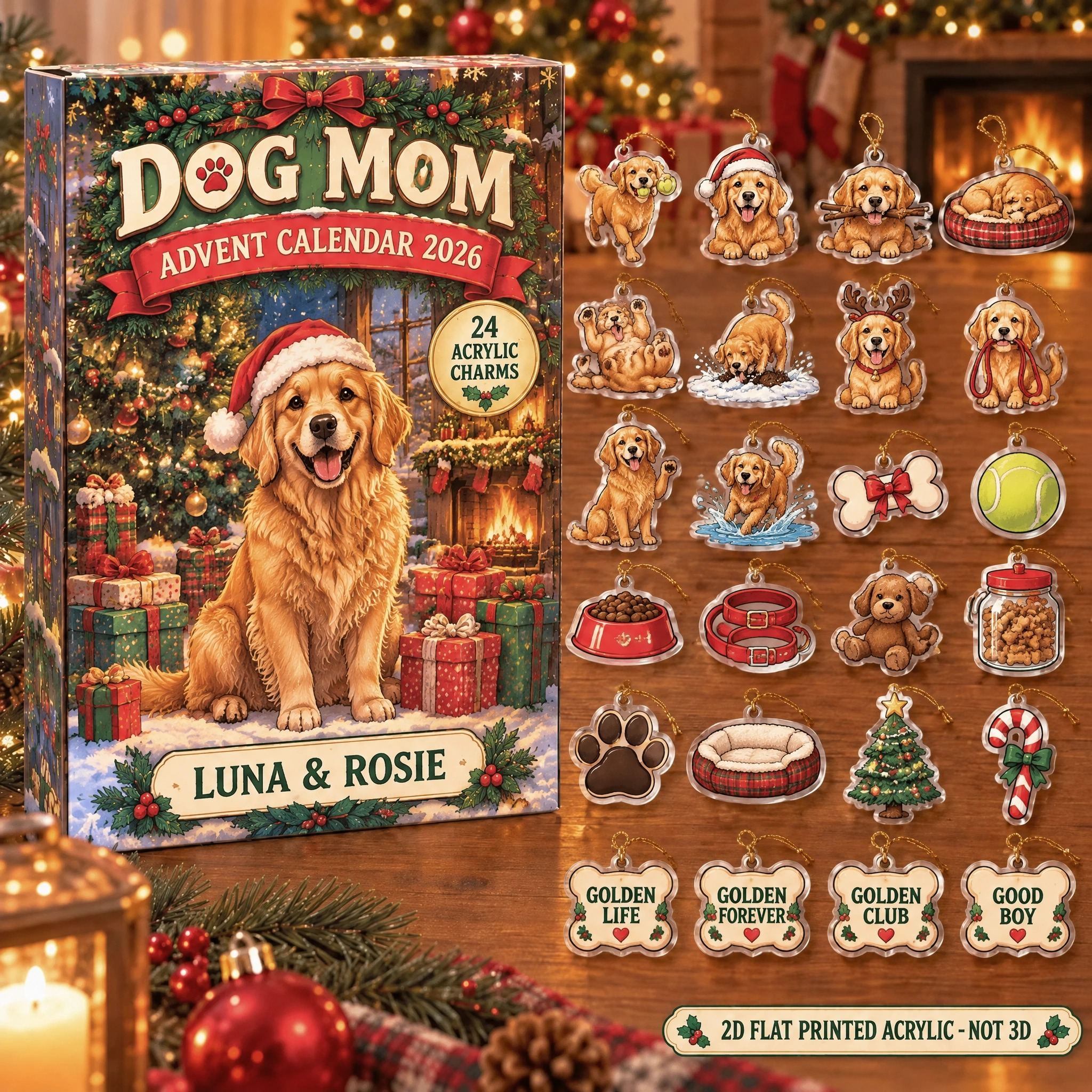 Personalized Golden Retriever Lover advent calendar box with 24 flat acrylic Christmas charms