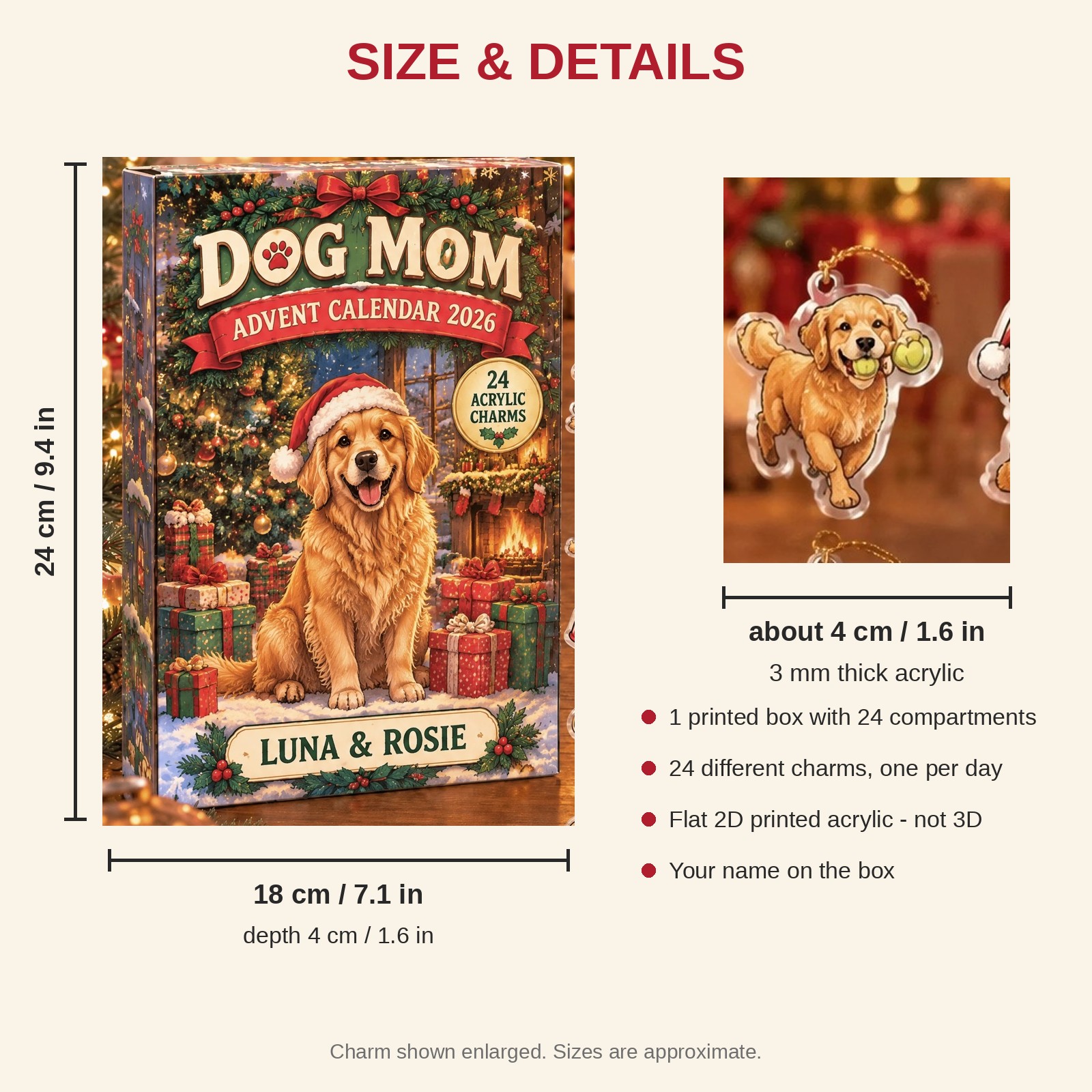 Personalized Golden Retriever Lover advent calendar box with 24 flat acrylic Christmas charms: box and charm sizes