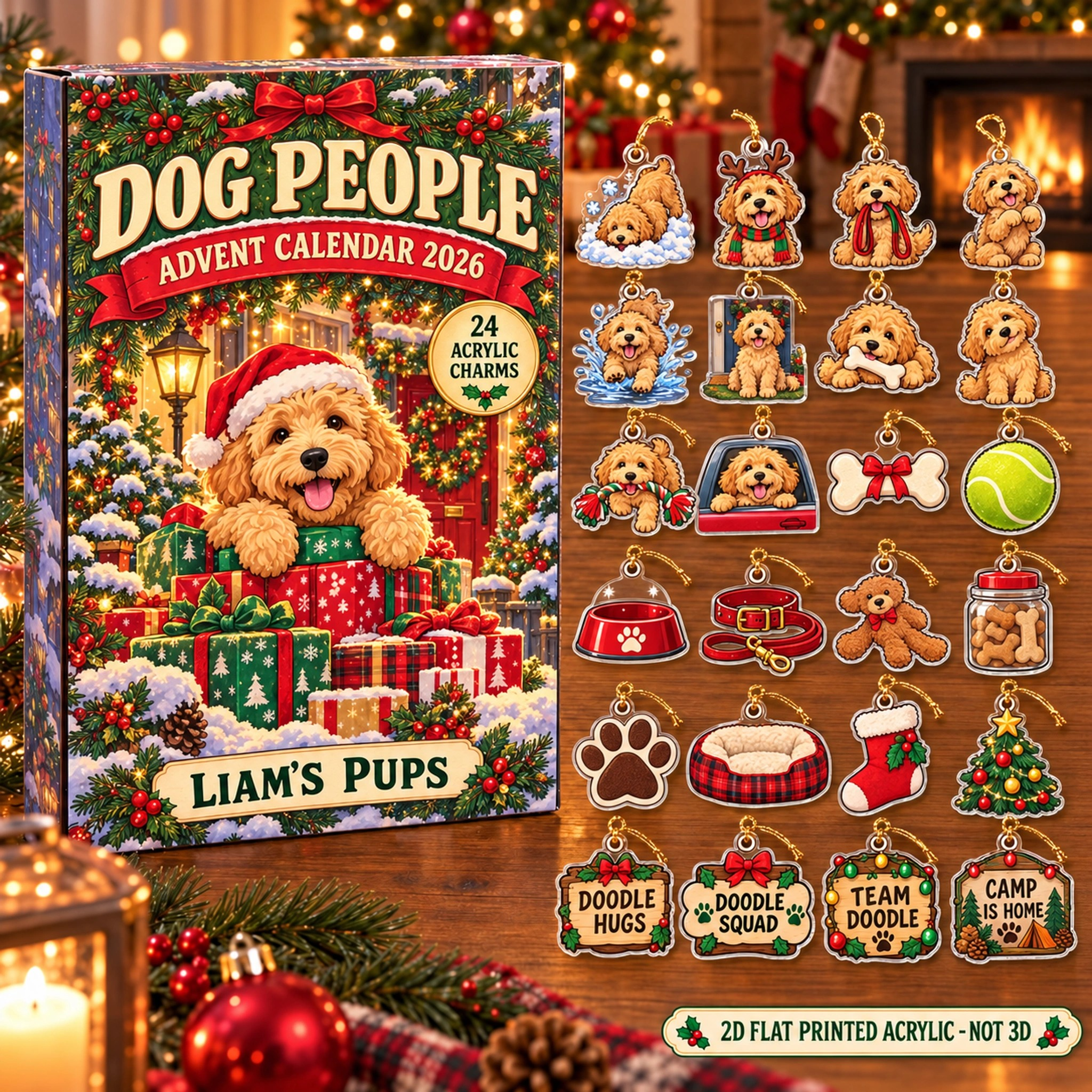Personalized Goldendoodle Lover advent calendar box with 24 flat acrylic Christmas charms