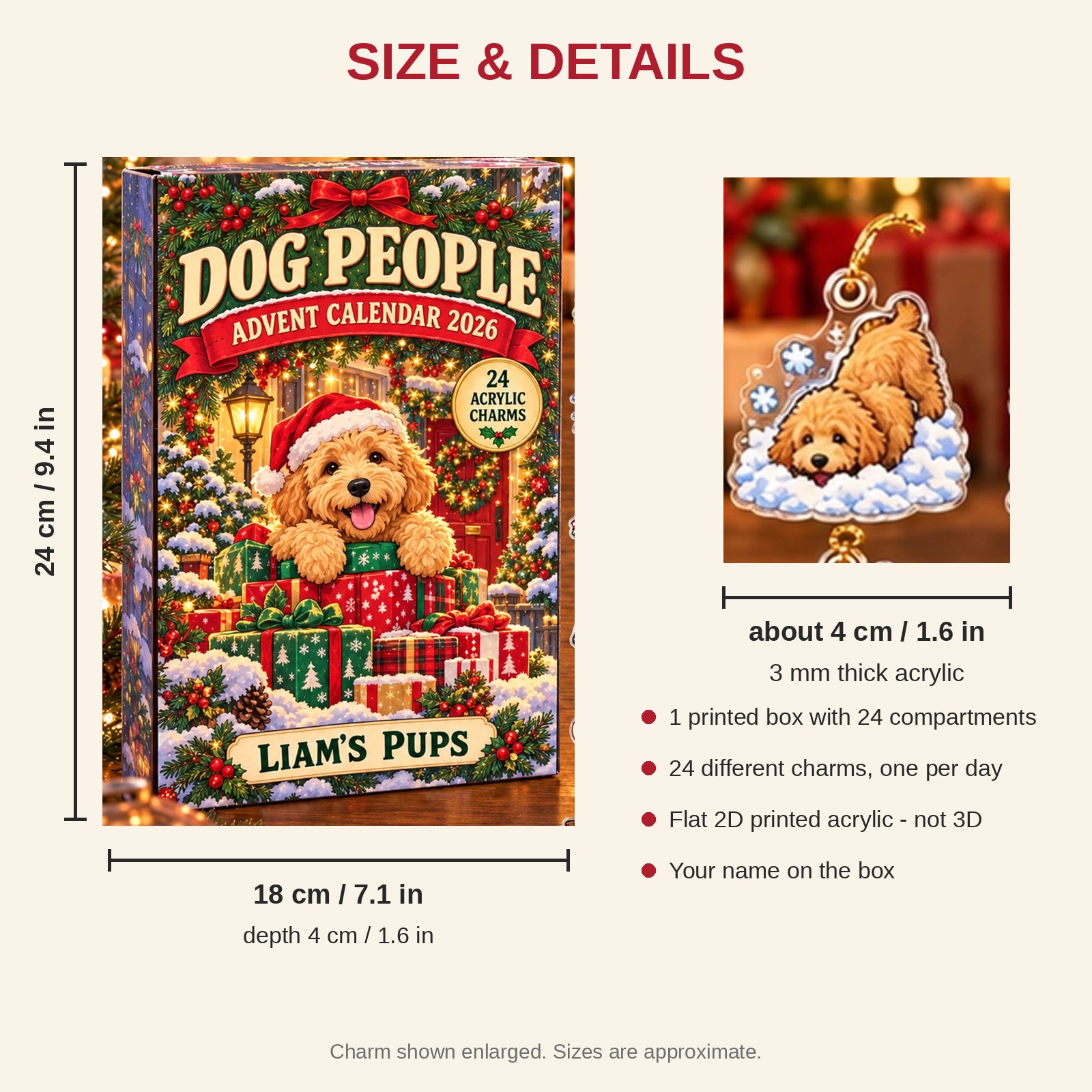 Personalized Goldendoodle Lover advent calendar box with 24 flat acrylic Christmas charms: box and charm sizes