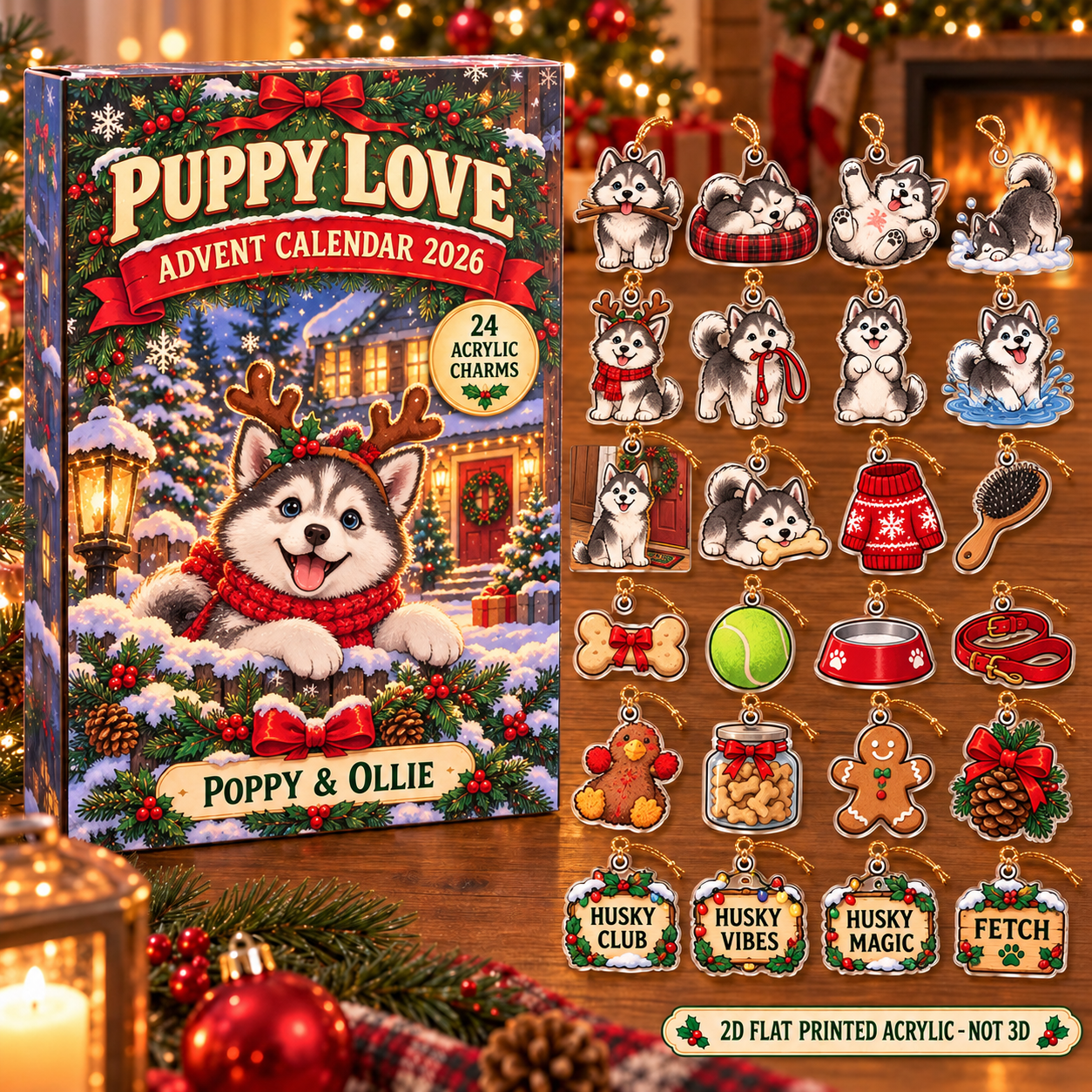 Personalized Husky Lover advent calendar box with 24 flat acrylic Christmas charms