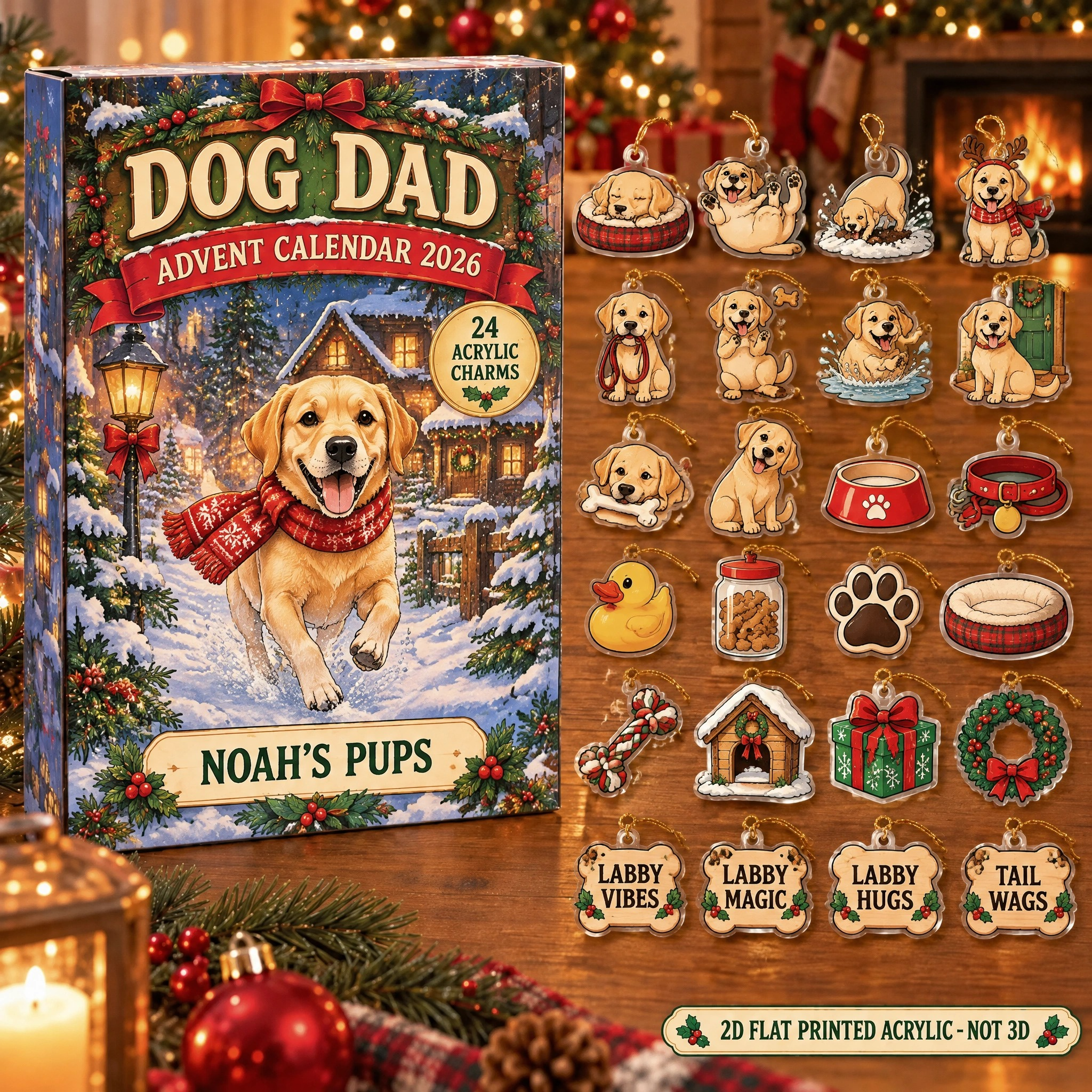 Personalized Labrador Lover advent calendar box with 24 flat acrylic Christmas charms