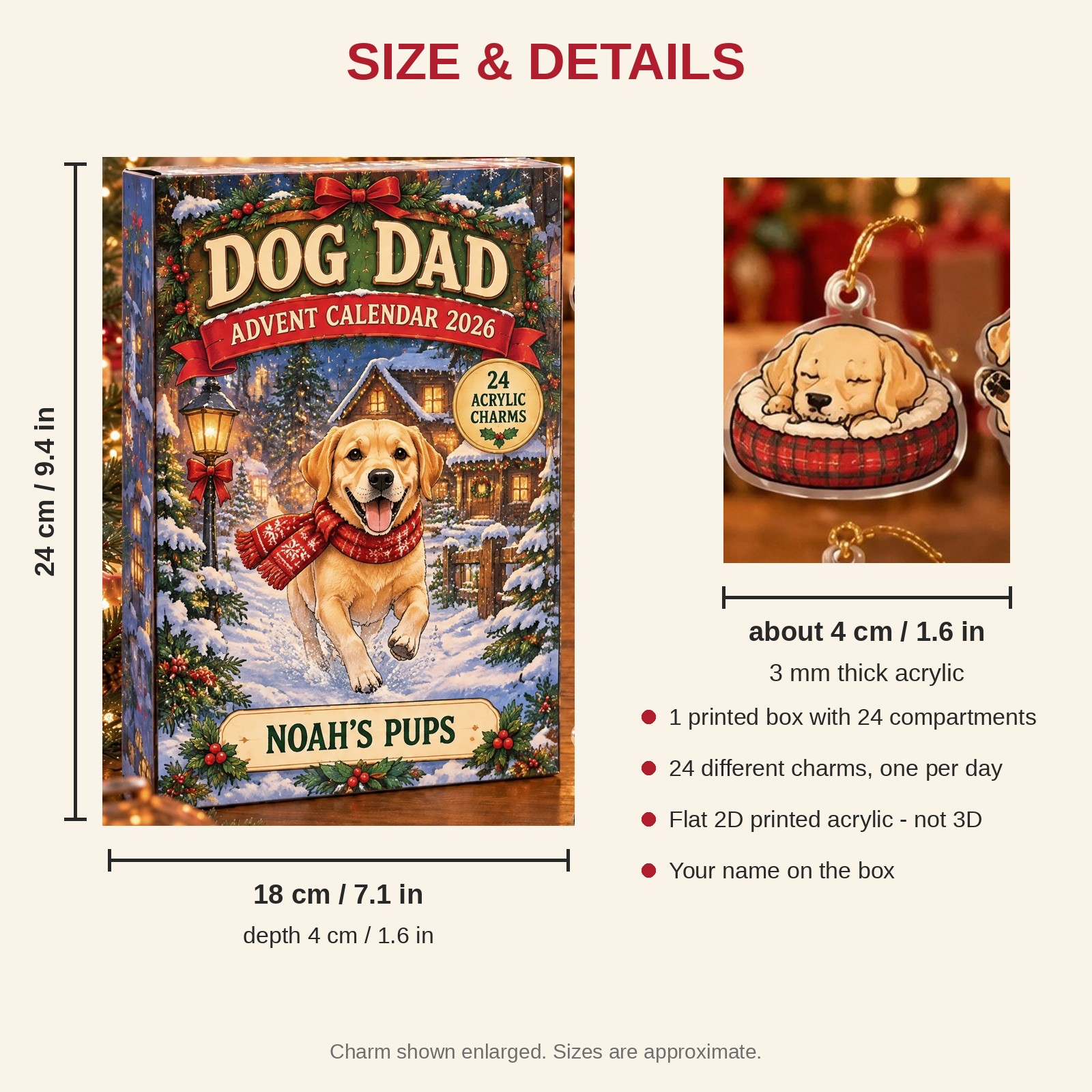 Personalized Labrador Lover advent calendar box with 24 flat acrylic Christmas charms: box and charm sizes