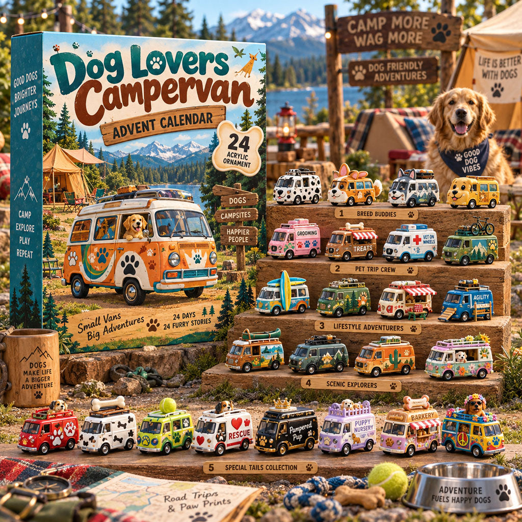 Dog Lovers Campervan advent calendar box with 24 acrylic Christmas charms