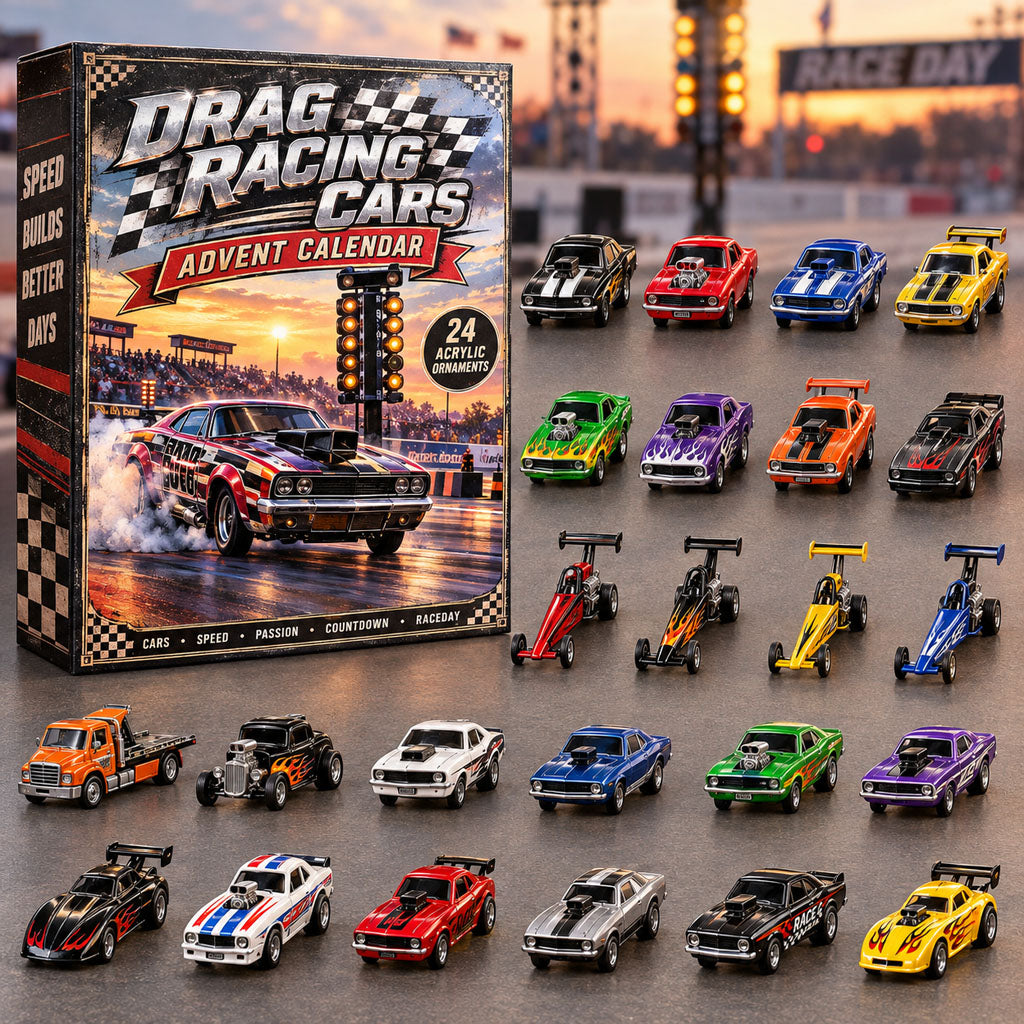 Drag Racing Cars advent calendar box with 24 acrylic Christmas charms