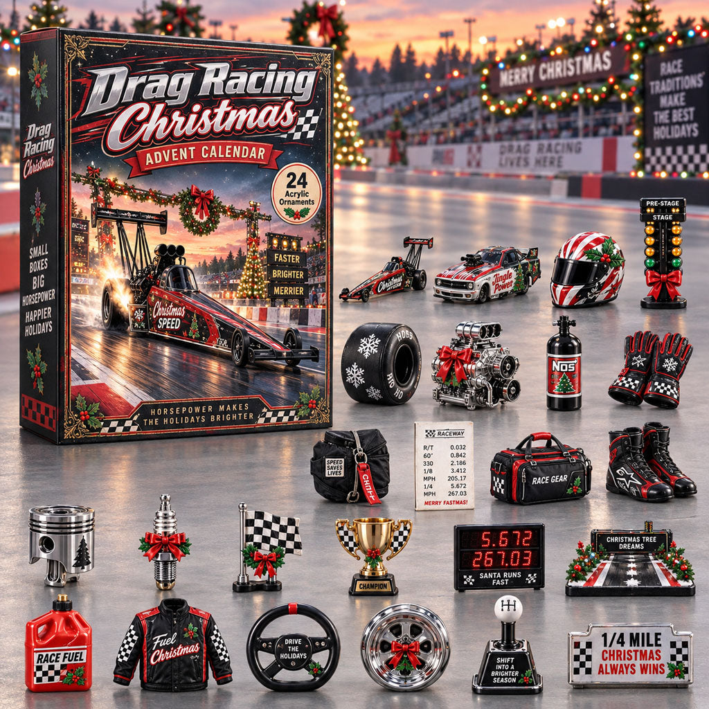 Drag Racing Christmas advent calendar box with 24 acrylic Christmas charms