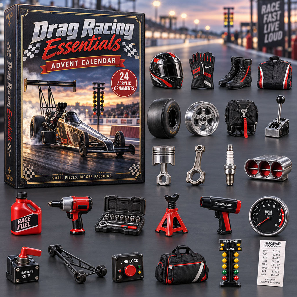 Drag Racing Essentials advent calendar box with 24 acrylic Christmas charms