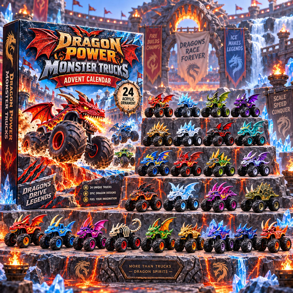 Dragon Power Monster Trucks advent calendar box with 24 acrylic Christmas charms
