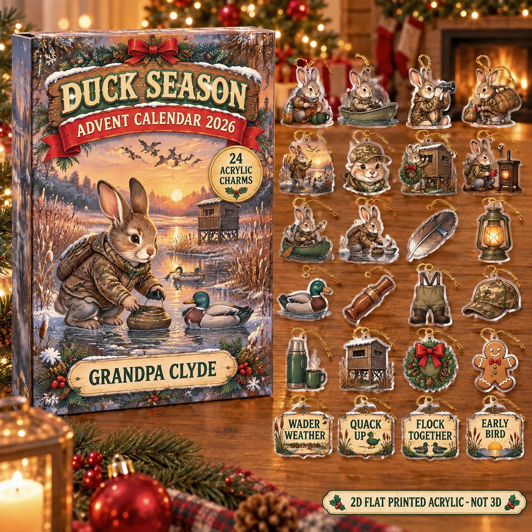 Personalized Duck Hunter Bunny advent calendar box with 24 flat acrylic Christmas charms